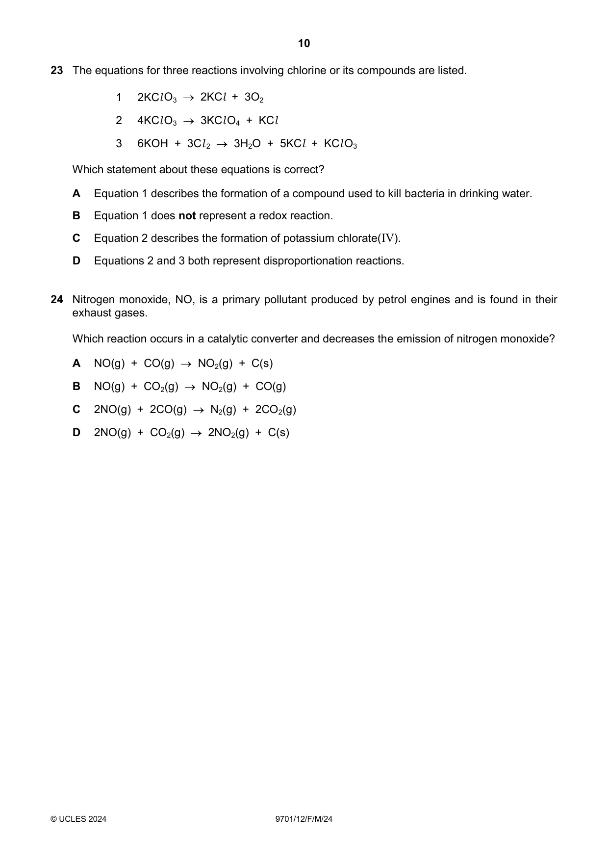 Cambridge A Level Chemistry 9701 2024 Feb/March Paper 1 · Variant 2 question paper, page 10 of 20