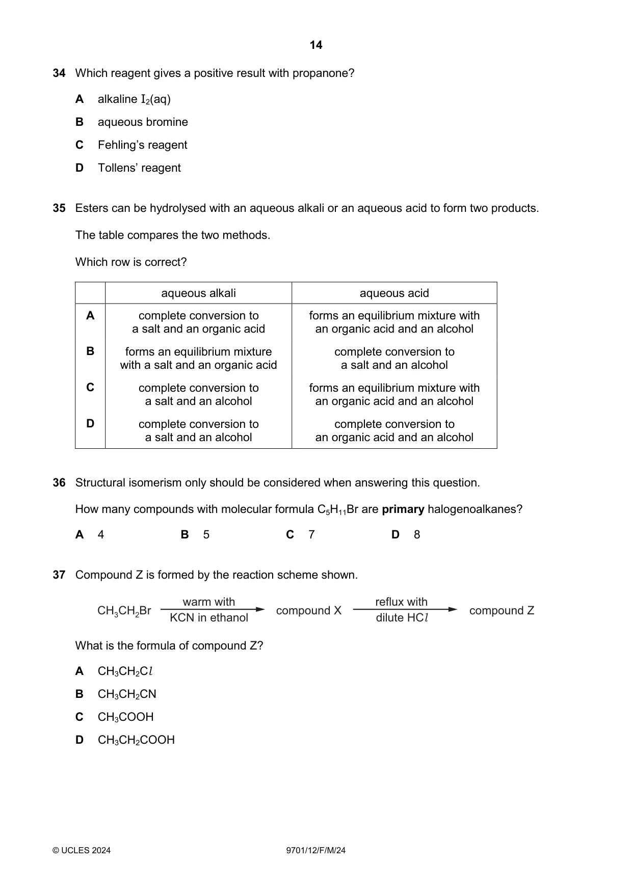 Cambridge A Level Chemistry 9701 2024 Feb/March Paper 1 · Variant 2 question paper, page 14 of 20