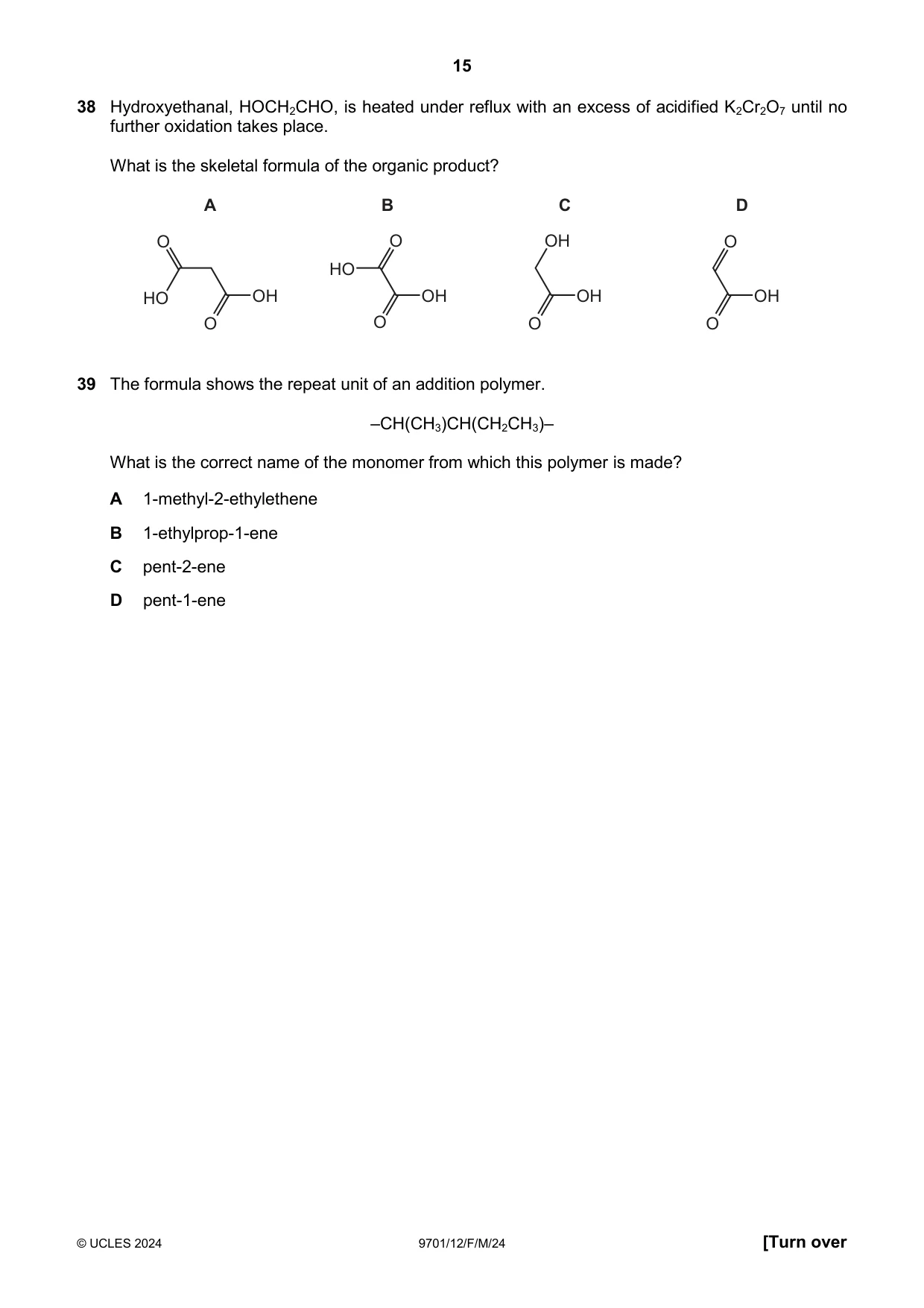 Cambridge A Level Chemistry 9701 2024 Feb/March Paper 1 · Variant 2 question paper, page 15 of 20