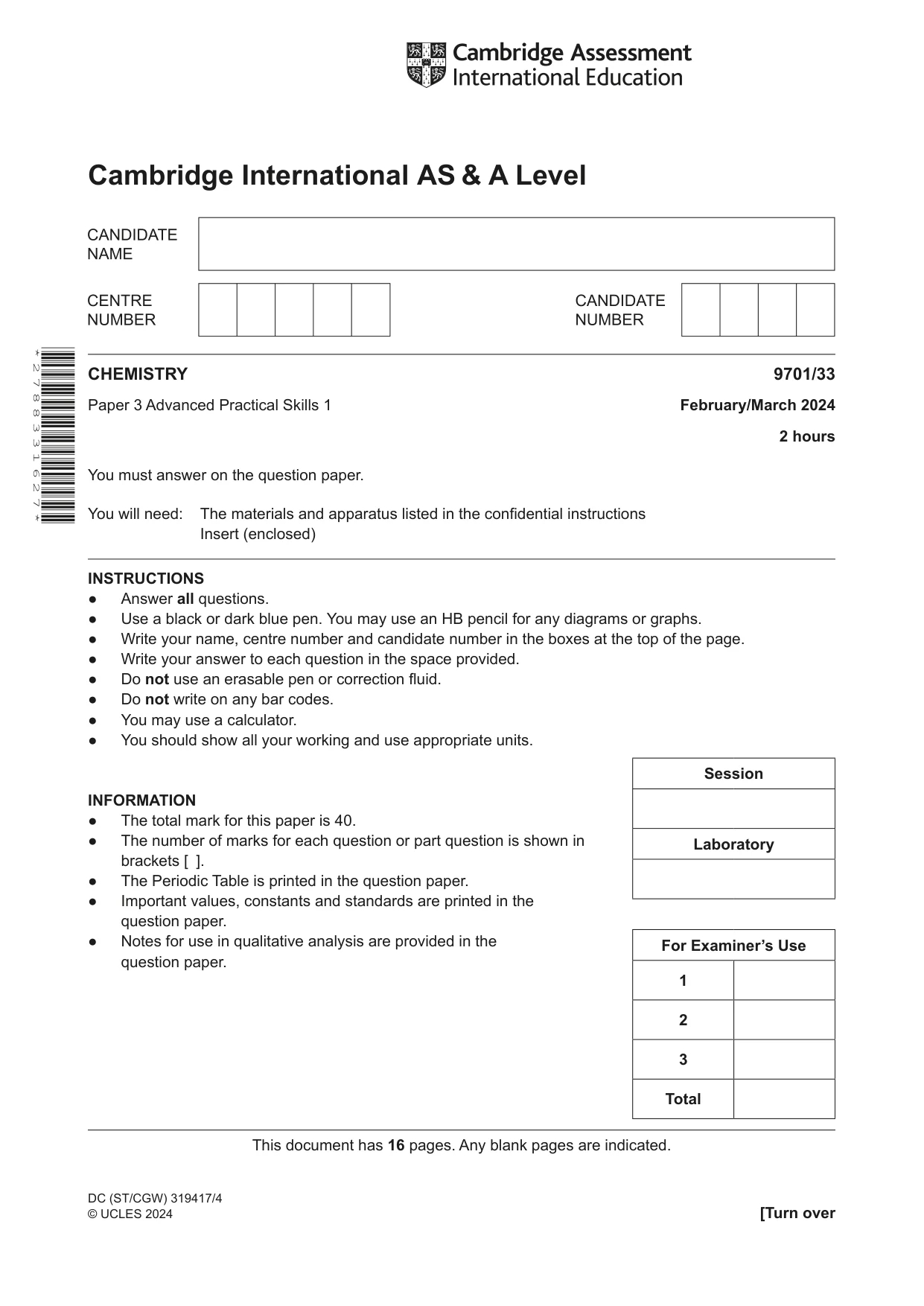 Cambridge A Level Chemistry 9701 2024 Feb/March Paper 3 · Variant 3 question paper, page 1 of 16