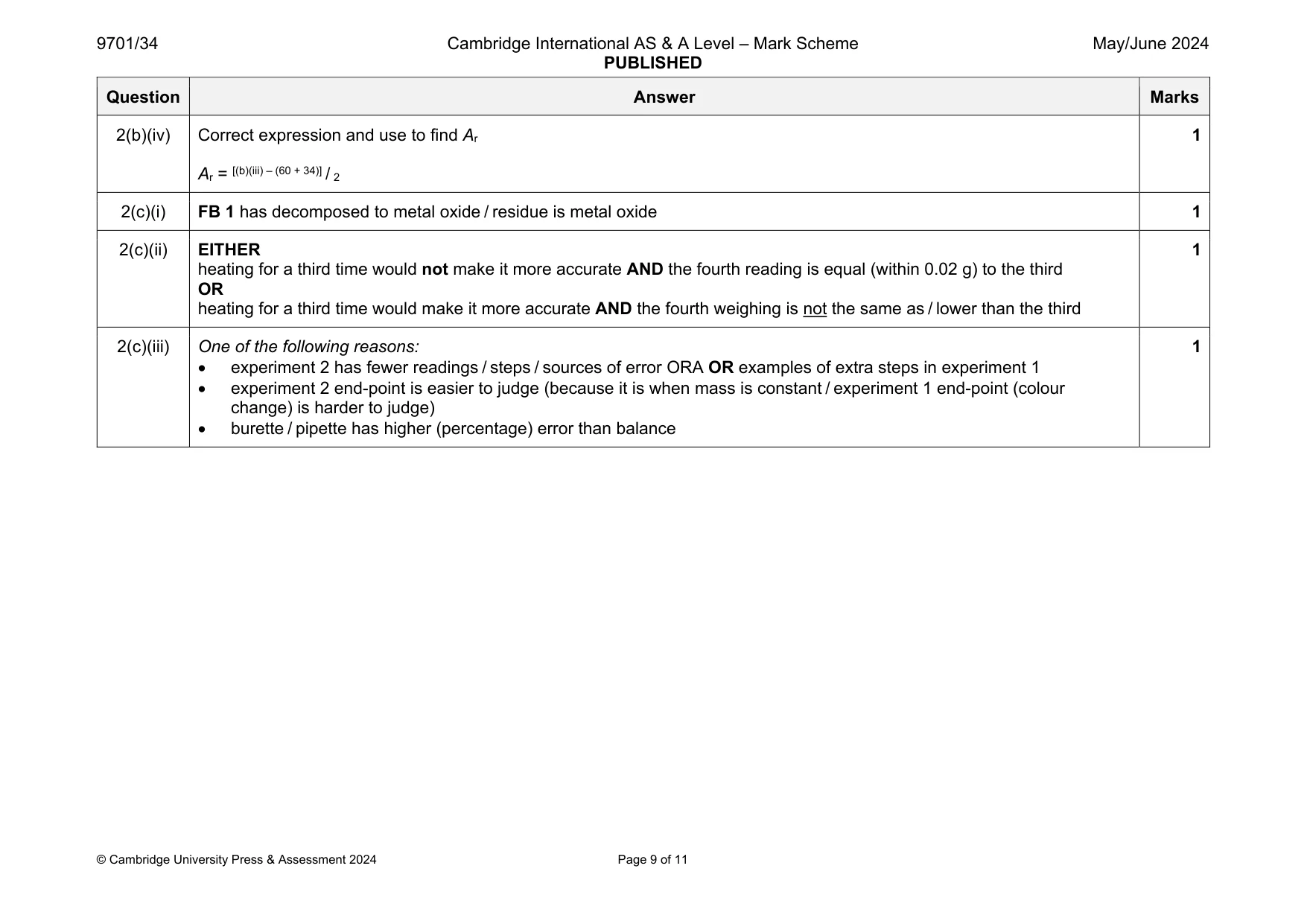 Mark scheme, page 9 of 11