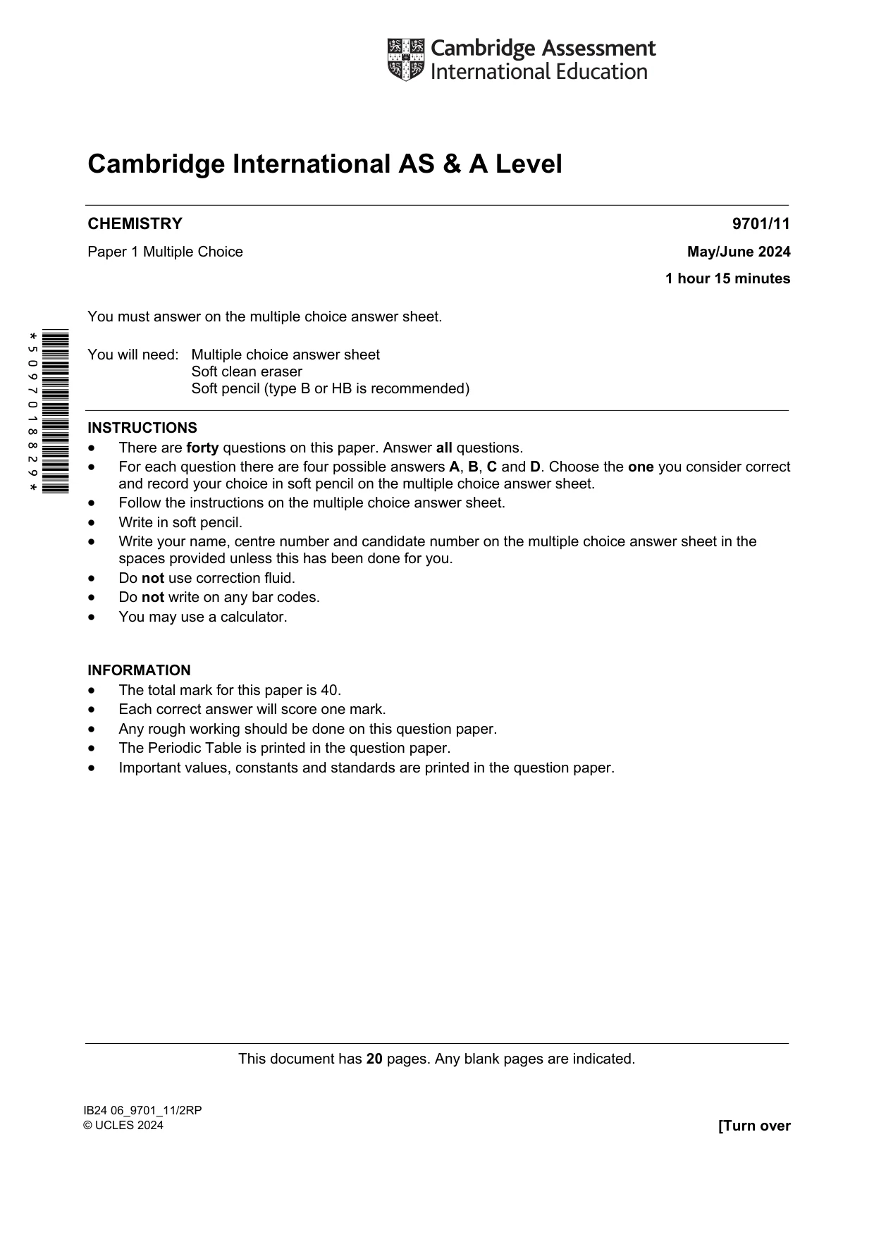 Cambridge A Level Chemistry 9701 2024 May/June Paper 1 · Variant 1 question paper, page 1 of 20