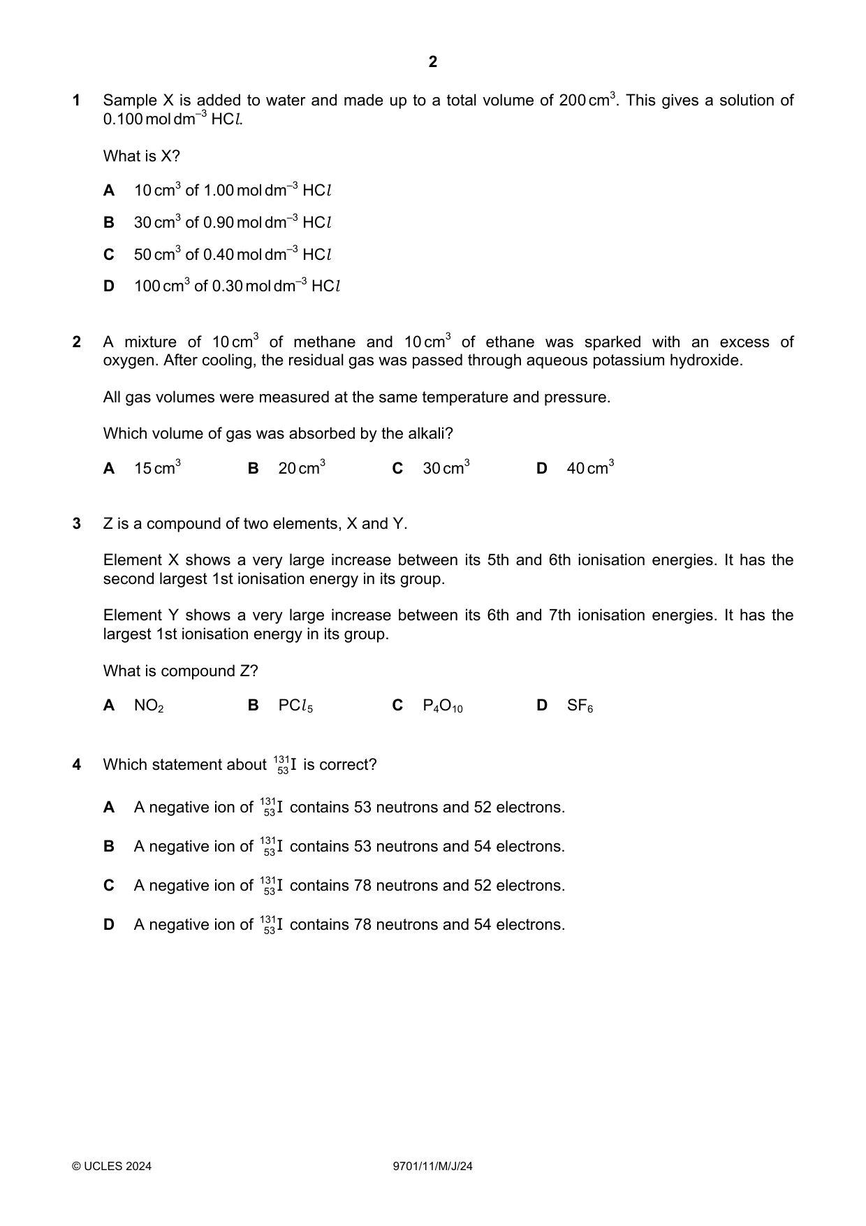 Cambridge A Level Chemistry 9701 2024 May/June Paper 1 · Variant 1 question paper, page 2 of 20