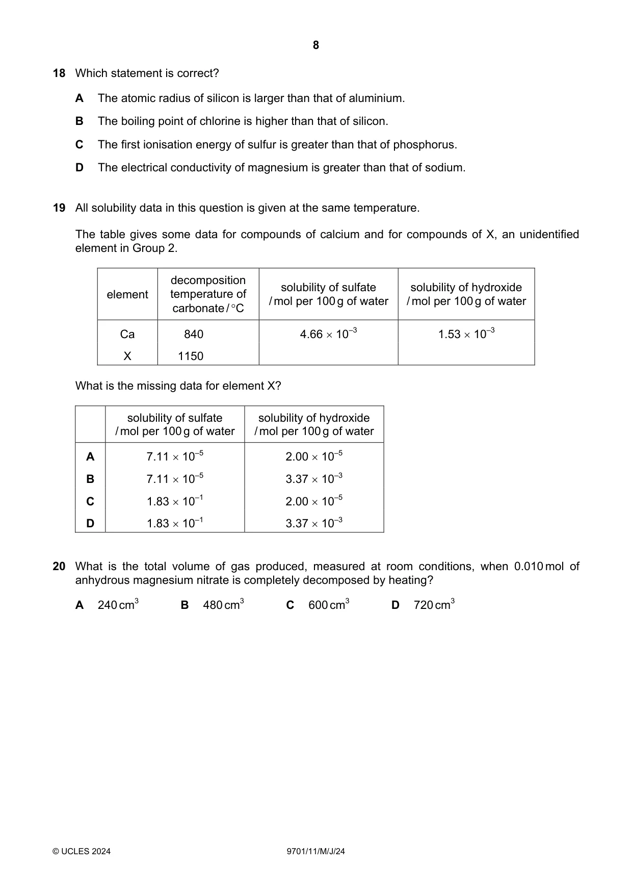 Cambridge A Level Chemistry 9701 2024 May/June Paper 1 · Variant 1 question paper, page 8 of 20