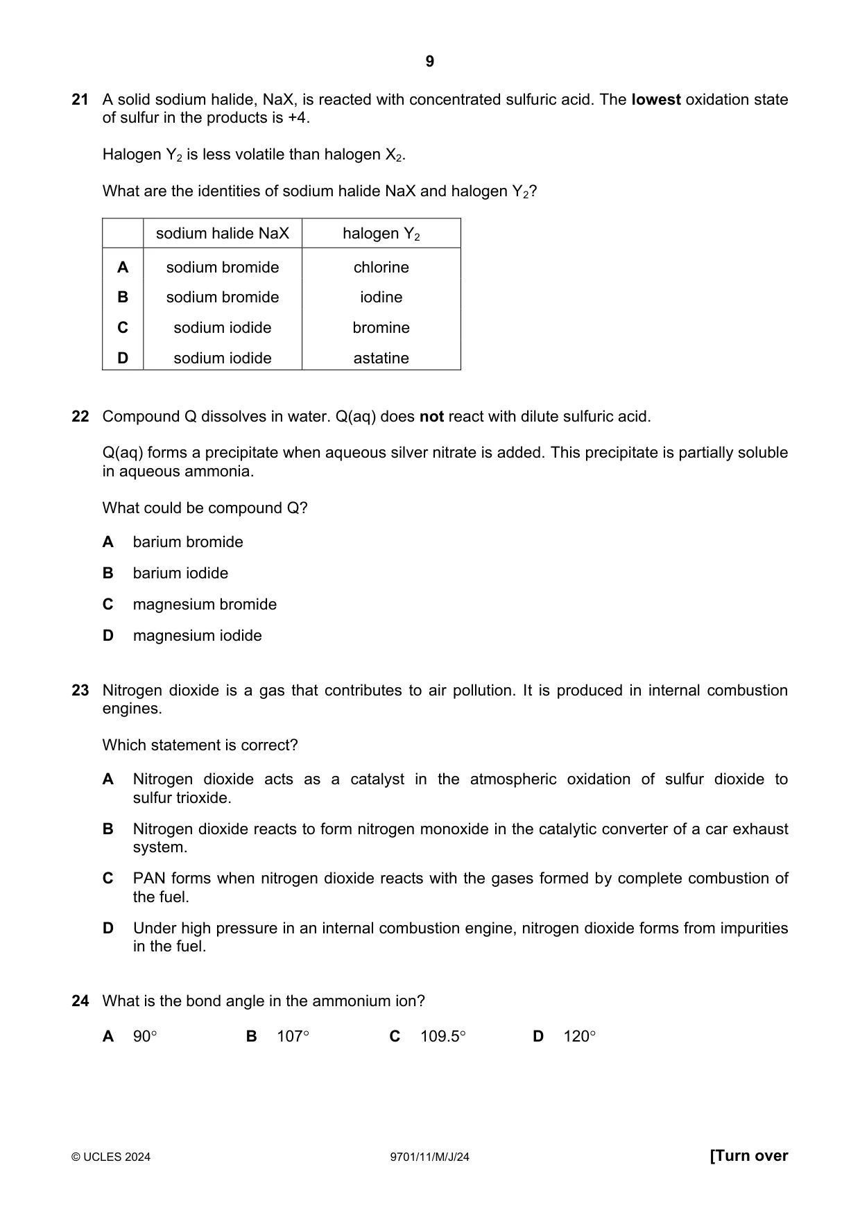 Cambridge A Level Chemistry 9701 2024 May/June Paper 1 · Variant 1 question paper, page 9 of 20