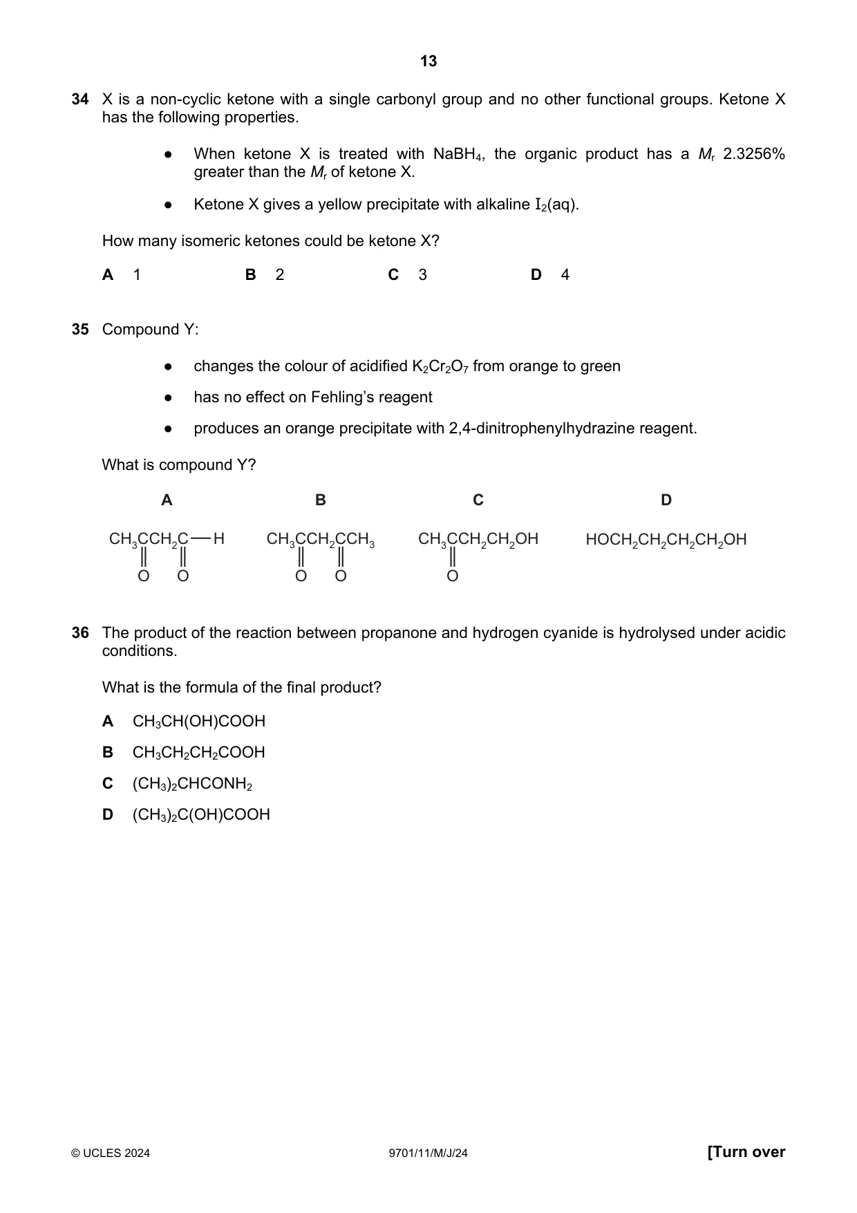 Cambridge A Level Chemistry 9701 2024 May/June Paper 1 · Variant 1 question paper, page 13 of 20