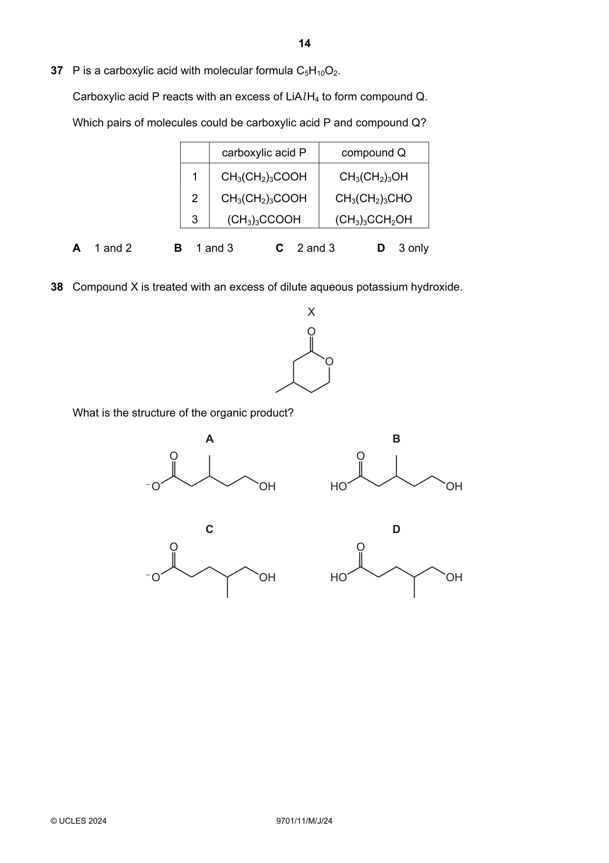 Cambridge A Level Chemistry 9701 2024 May/June Paper 1 · Variant 1 question paper, page 14 of 20