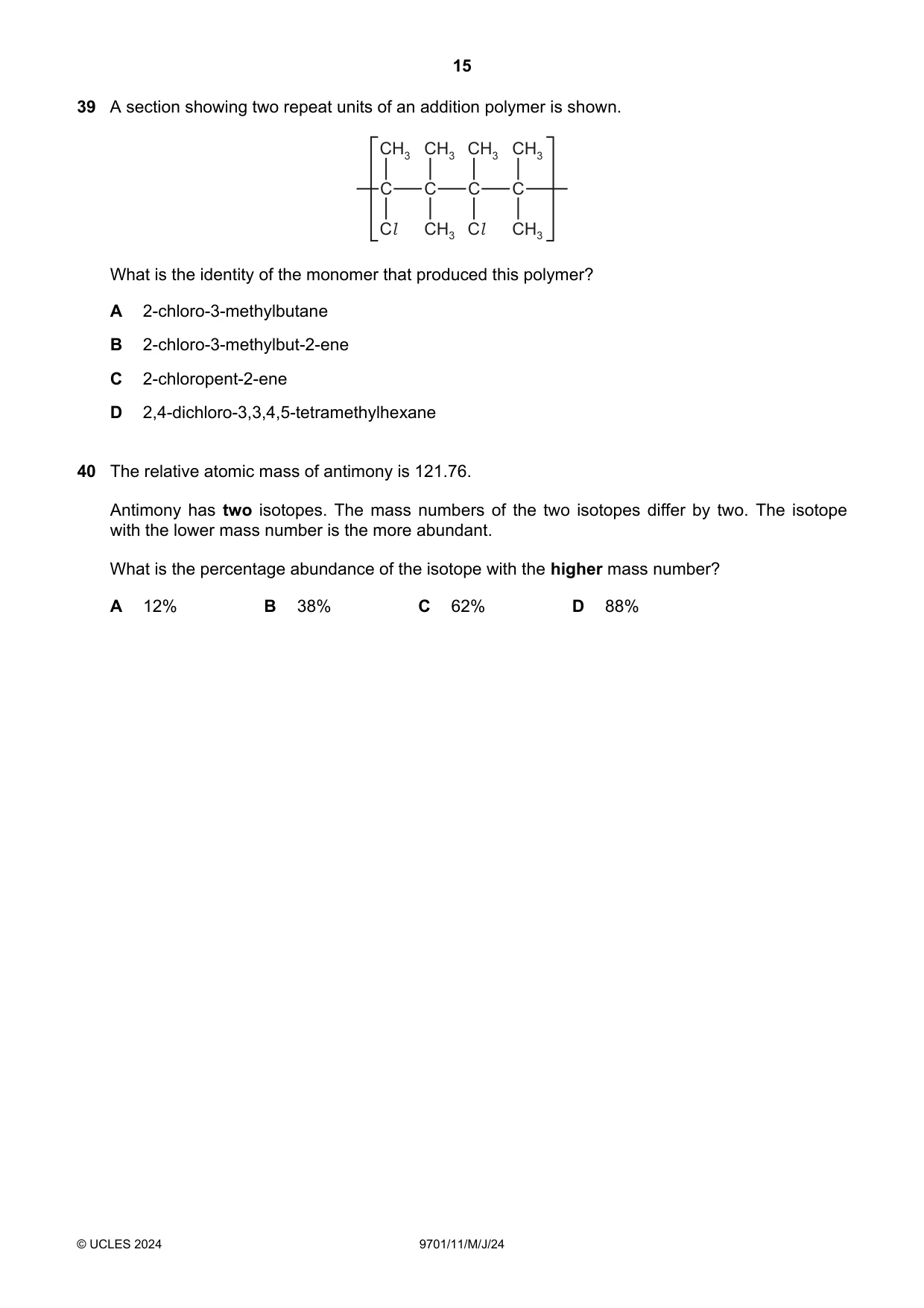 Cambridge A Level Chemistry 9701 2024 May/June Paper 1 · Variant 1 question paper, page 15 of 20
