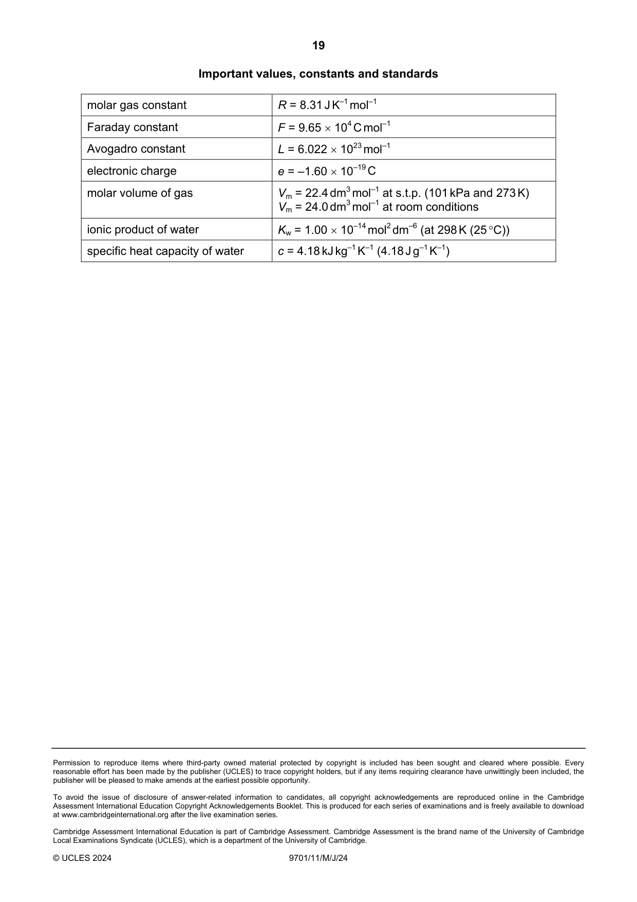 Cambridge A Level Chemistry 9701 2024 May/June Paper 1 · Variant 1 question paper, page 19 of 20
