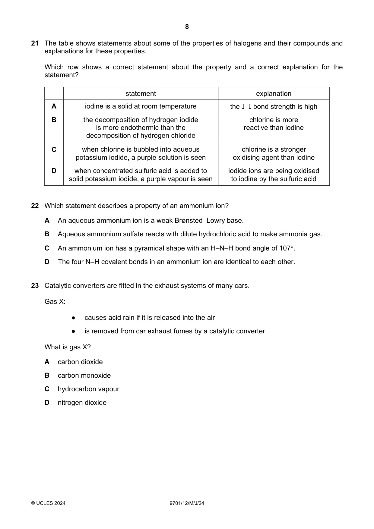 Cambridge A Level Chemistry 9701 2024 May/June Paper 1 · Variant 2 question paper, page 8 of 16