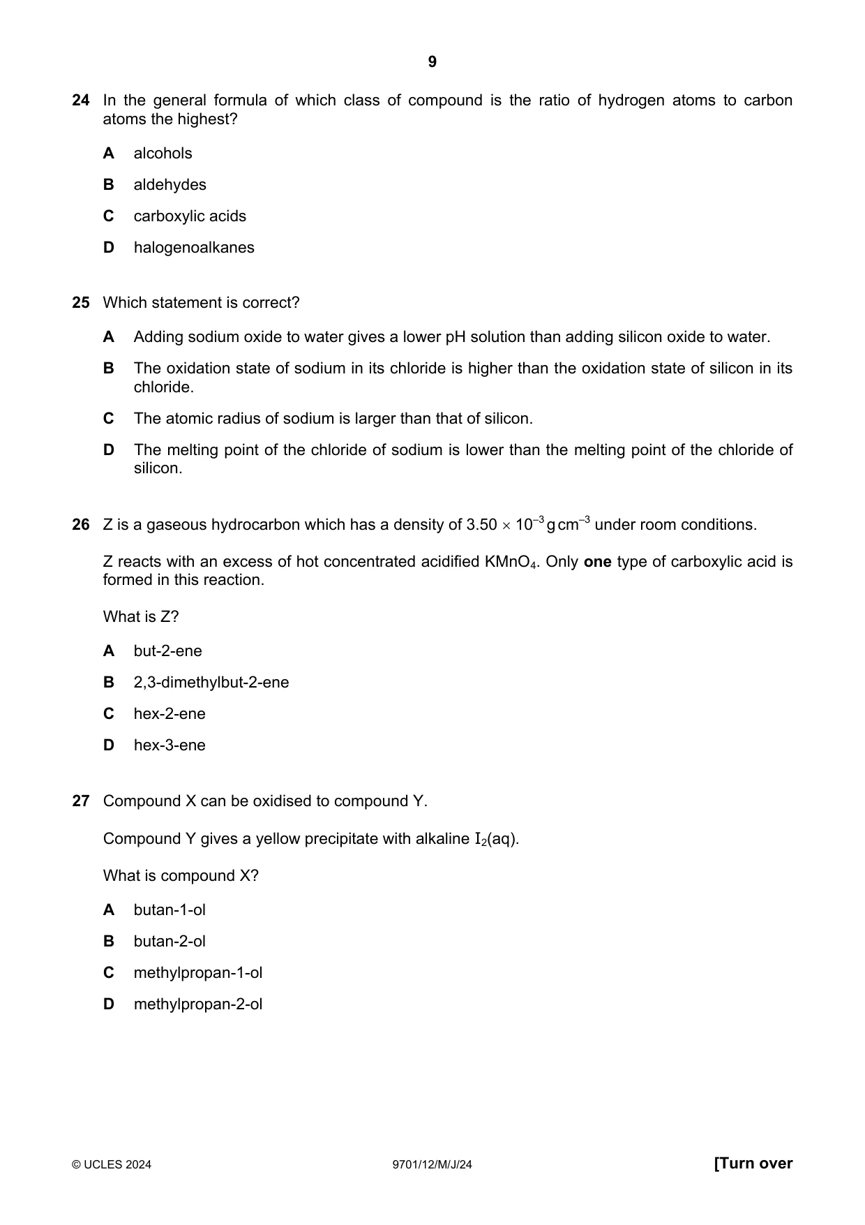 Cambridge A Level Chemistry 9701 2024 May/June Paper 1 · Variant 2 question paper, page 9 of 16