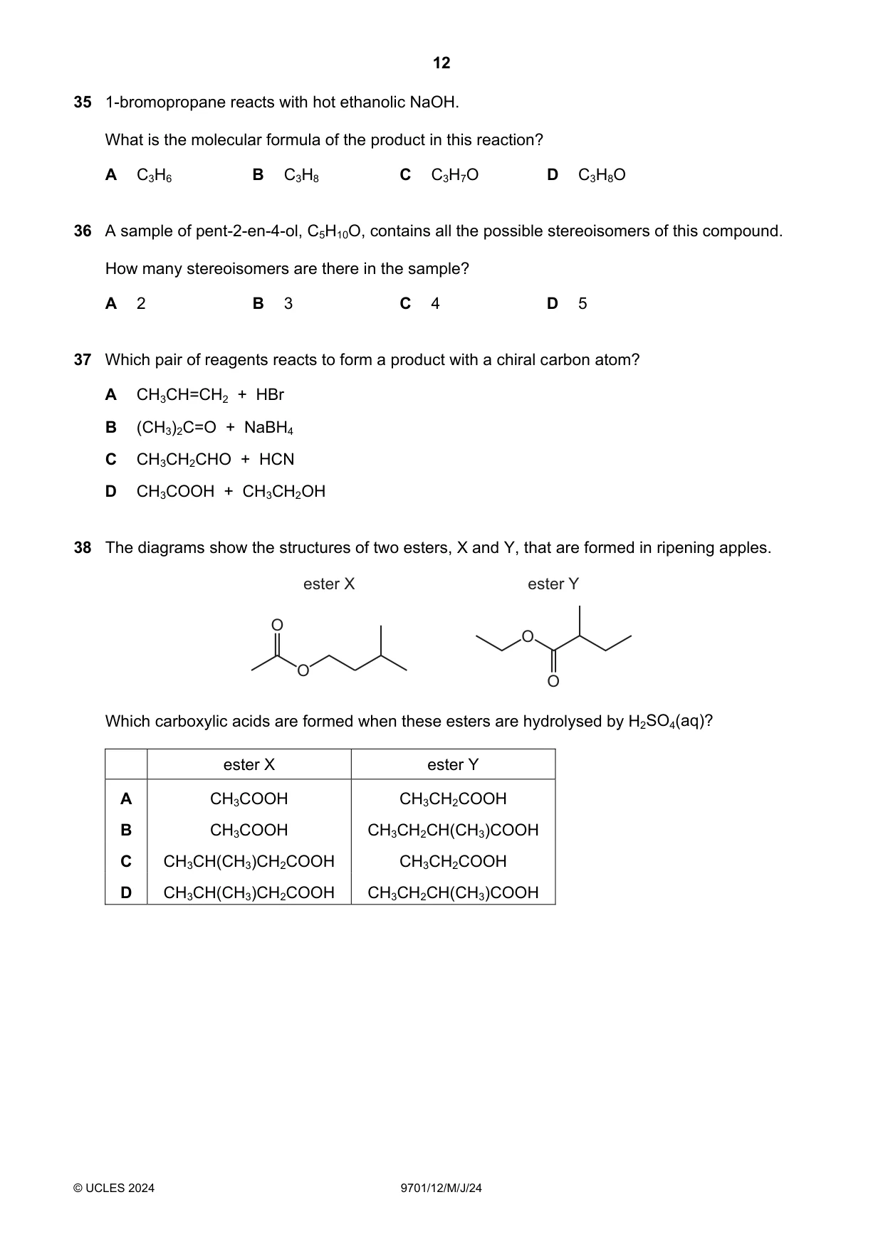 Cambridge A Level Chemistry 9701 2024 May/June Paper 1 · Variant 2 question paper, page 12 of 16