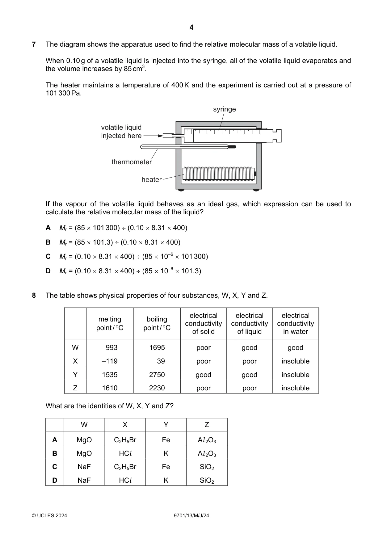 Cambridge A Level Chemistry 9701 2024 May/June Paper 1 · Variant 3 question paper, page 4 of 20