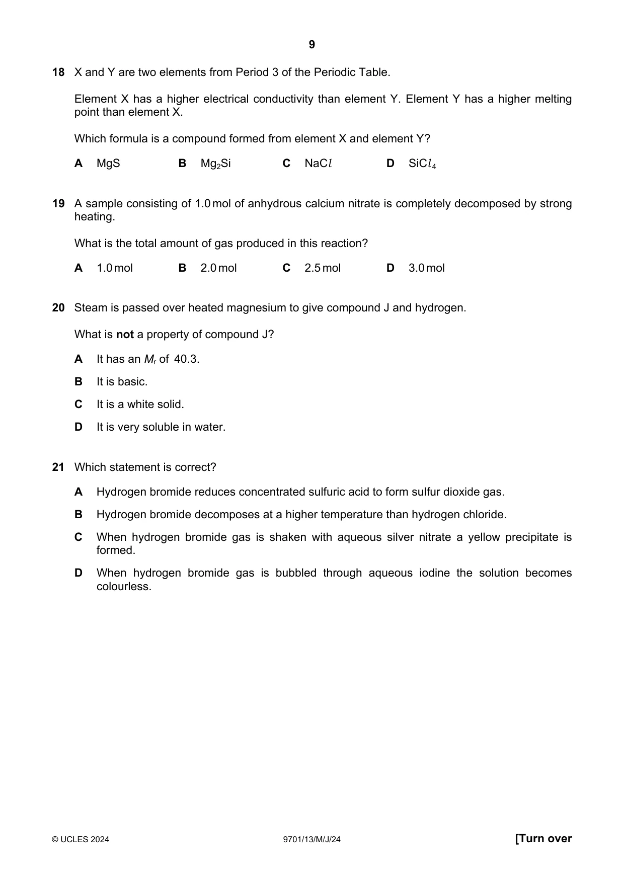 Cambridge A Level Chemistry 9701 2024 May/June Paper 1 · Variant 3 question paper, page 9 of 20