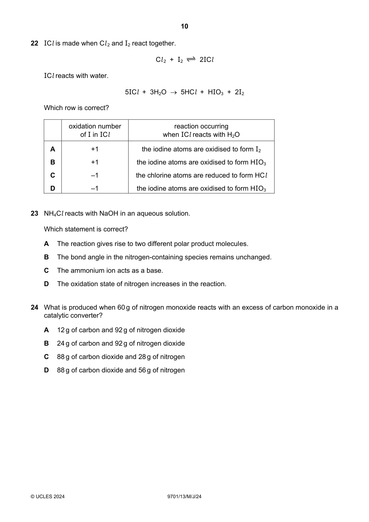 Cambridge A Level Chemistry 9701 2024 May/June Paper 1 · Variant 3 question paper, page 10 of 20