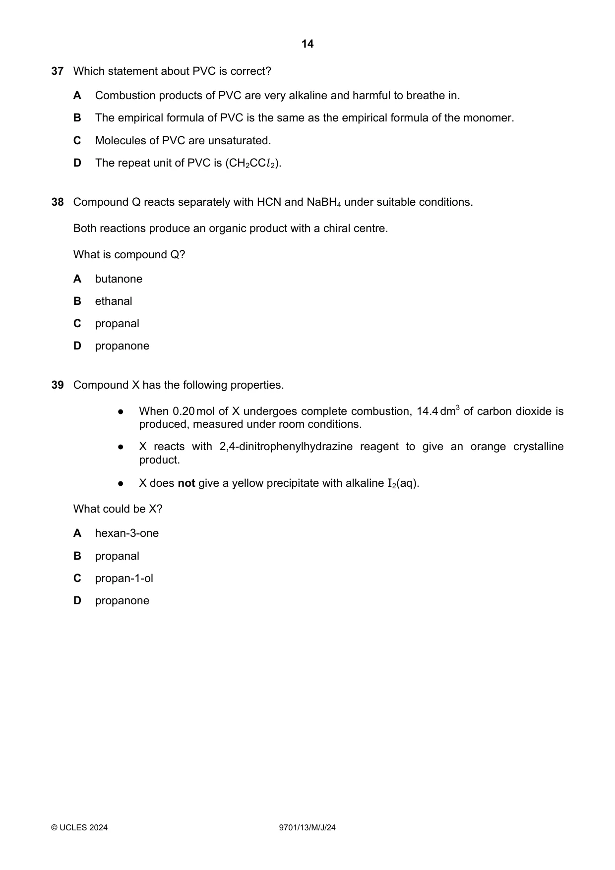 Cambridge A Level Chemistry 9701 2024 May/June Paper 1 · Variant 3 question paper, page 14 of 20