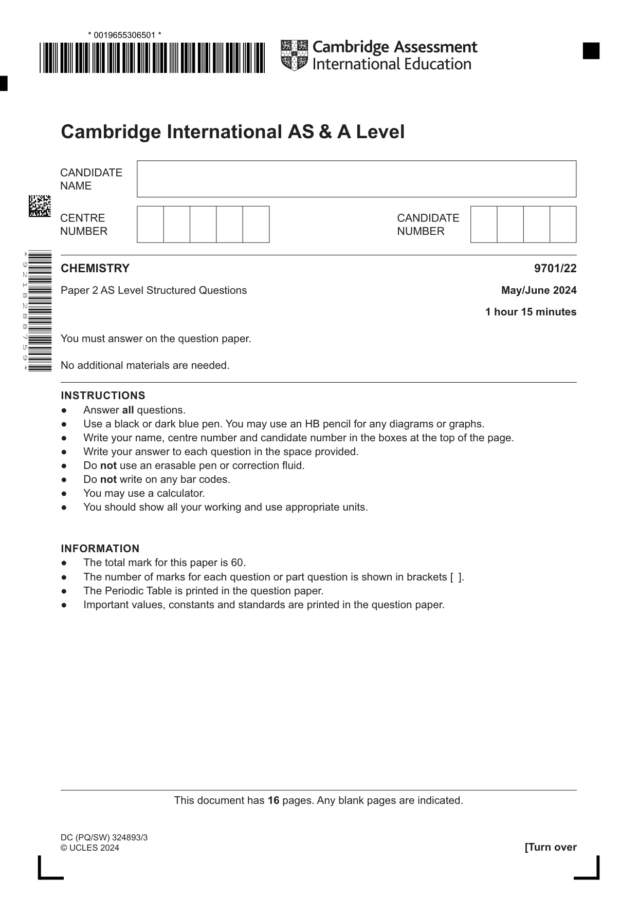 Cambridge A Level Chemistry 9701 2024 May/June Paper 2 · Variant 2 question paper, page 1 of 16