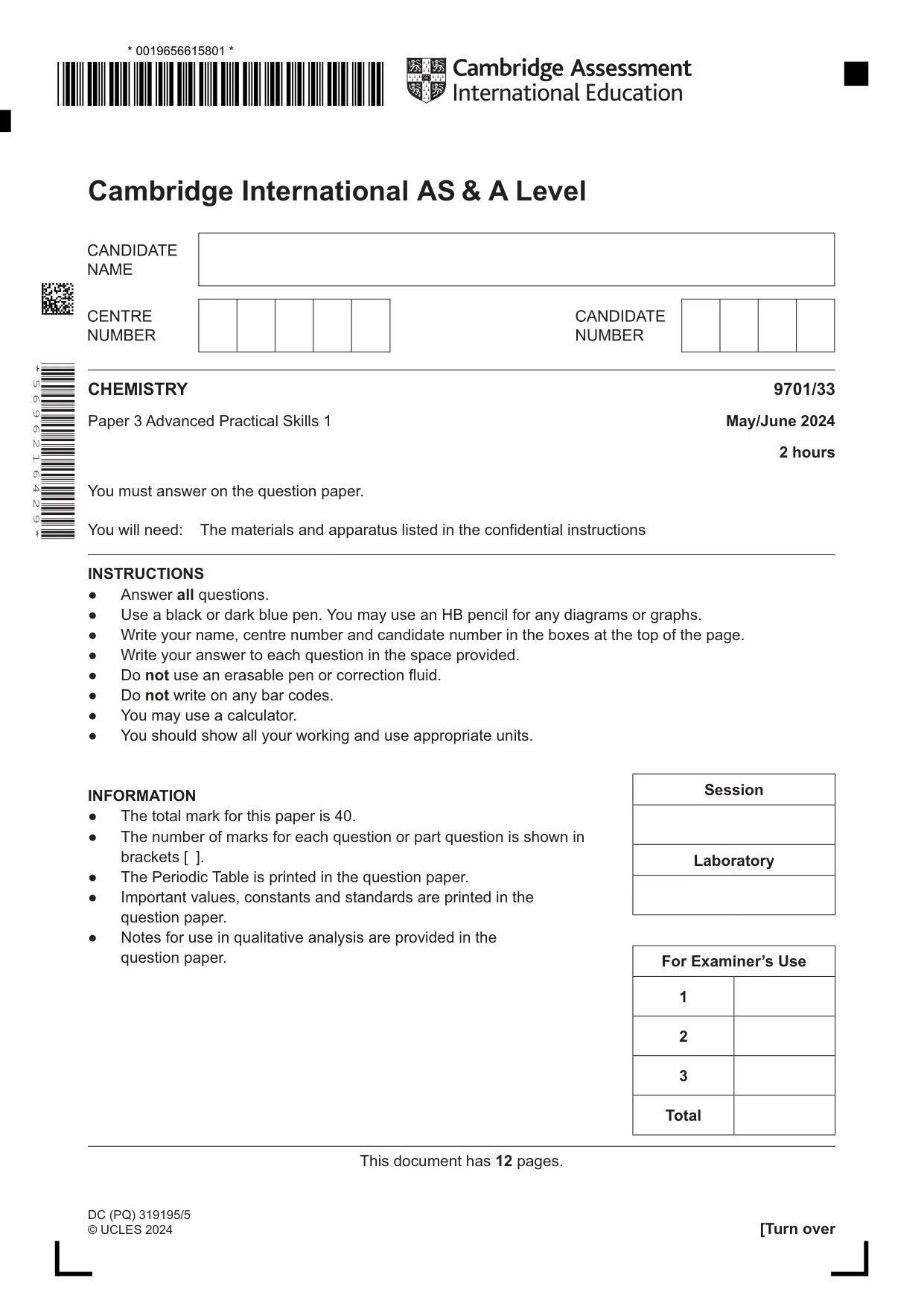 Cambridge A Level Chemistry 9701 2024 May/June Paper 3 · Variant 3 question paper, page 1 of 12
