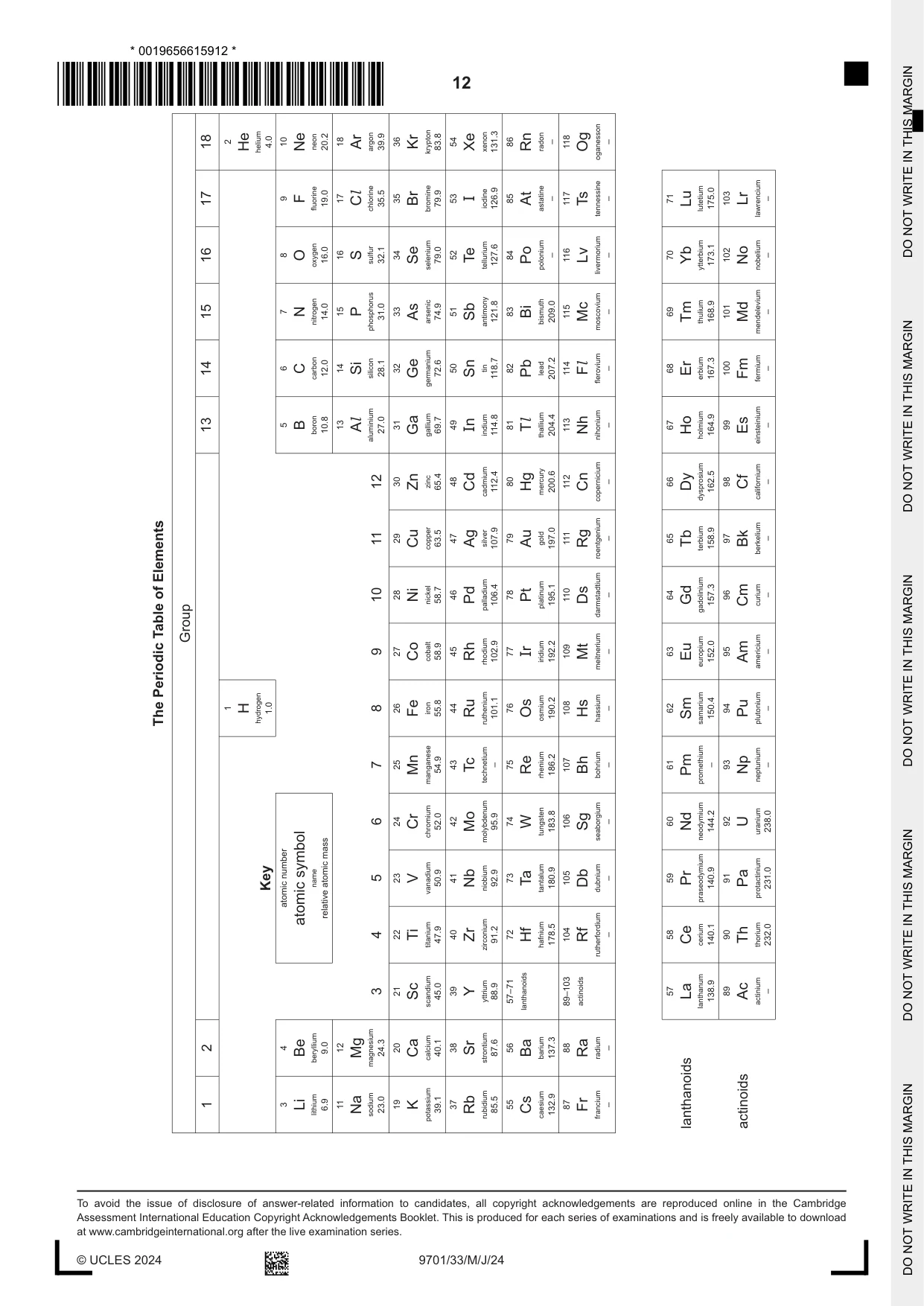 Cambridge A Level Chemistry 9701 2024 May/June Paper 3 · Variant 3 question paper, page 12 of 12