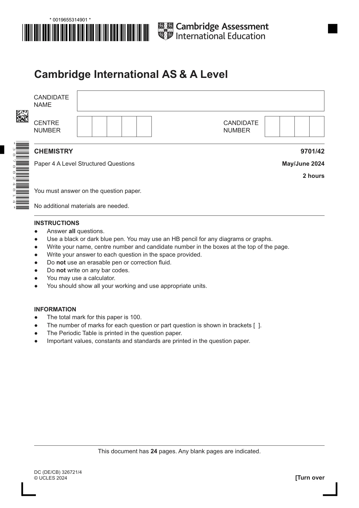 Cambridge A Level Chemistry 9701 2024 May/June Paper 4 · Variant 2 question paper, page 1 of 24