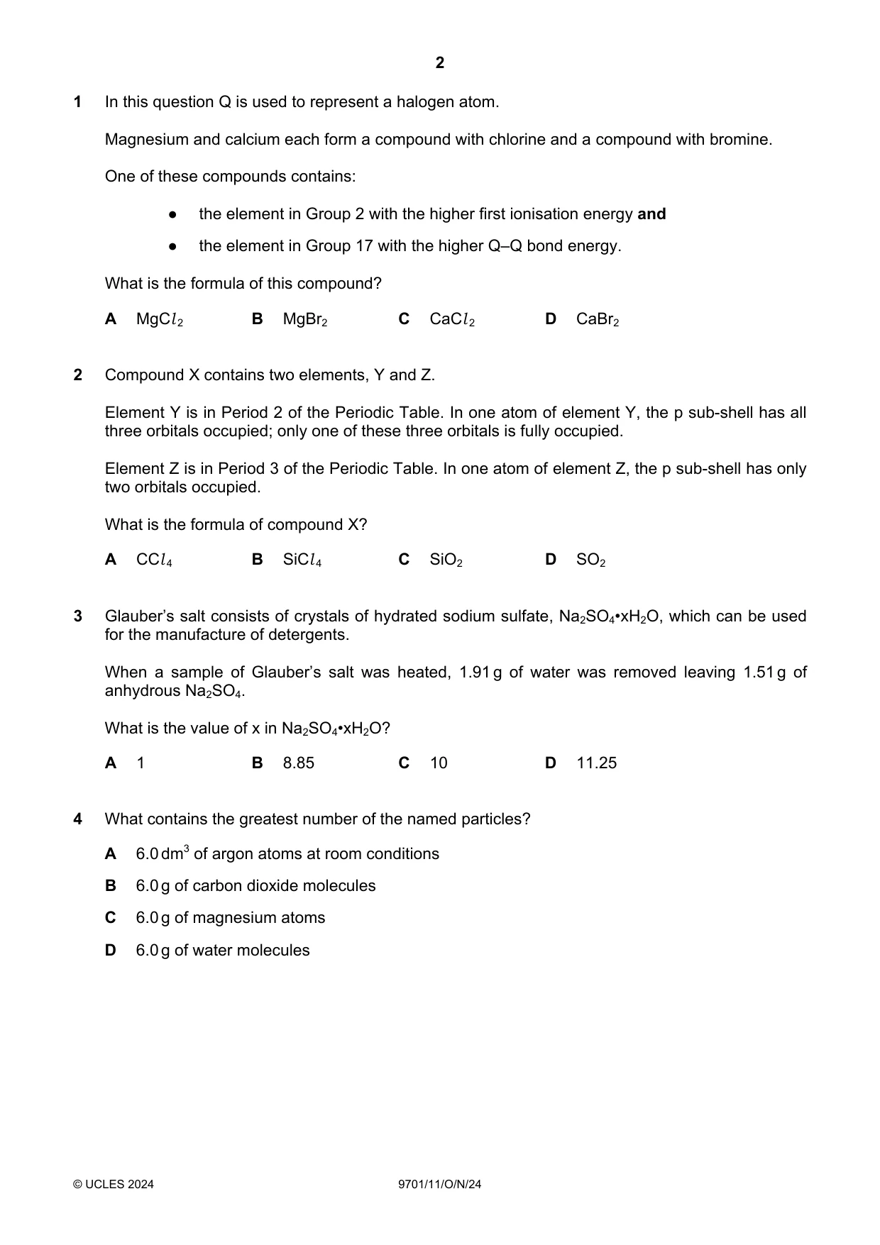 Cambridge A Level Chemistry 9701 2024 Oct/Nov Paper 1 · Variant 1 question paper, page 2 of 20