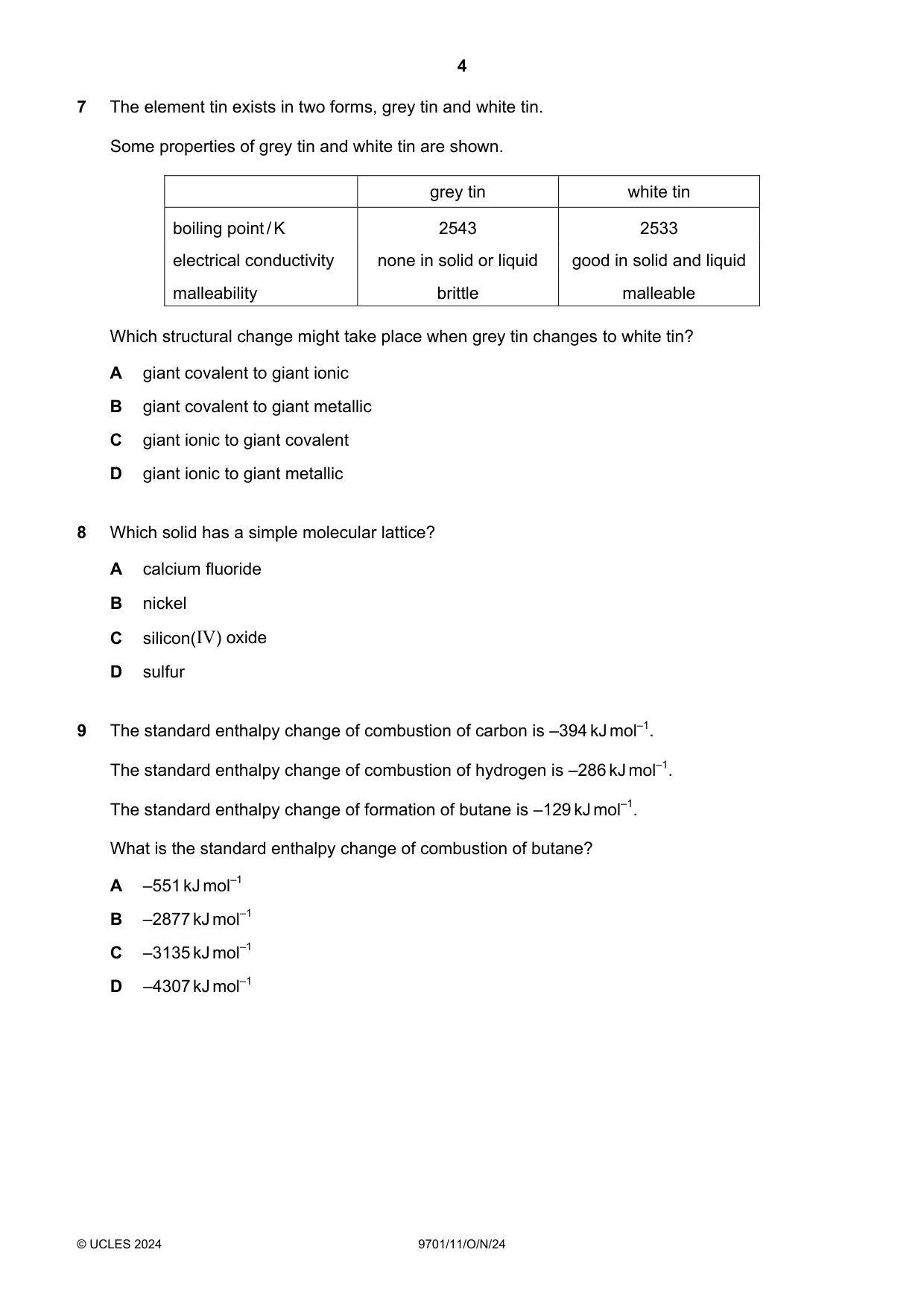 Cambridge A Level Chemistry 9701 2024 Oct/Nov Paper 1 · Variant 1 question paper, page 4 of 20