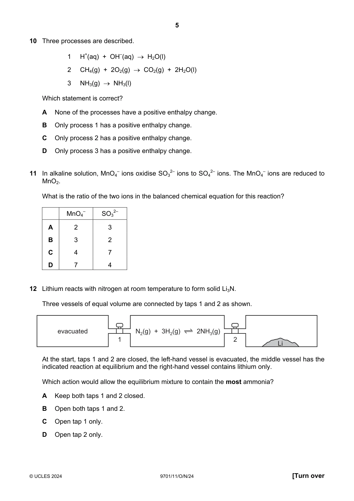 Cambridge A Level Chemistry 9701 2024 Oct/Nov Paper 1 · Variant 1 question paper, page 5 of 20