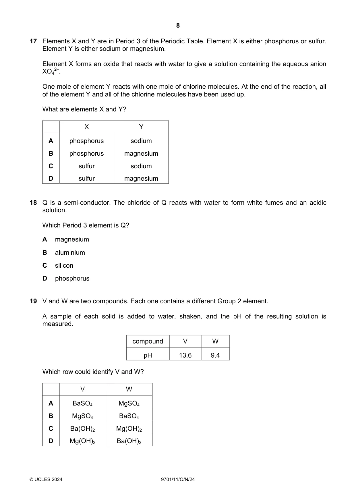 Cambridge A Level Chemistry 9701 2024 Oct/Nov Paper 1 · Variant 1 question paper, page 8 of 20