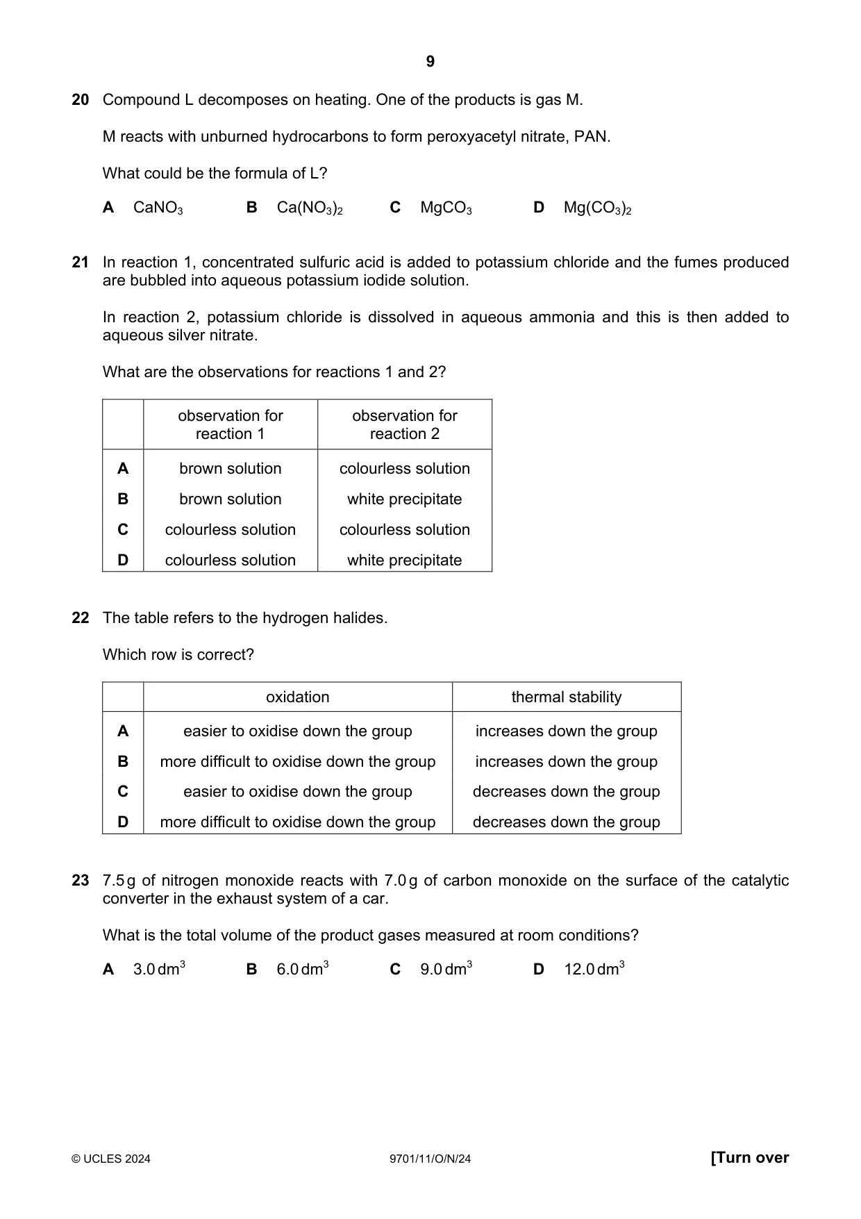 Cambridge A Level Chemistry 9701 2024 Oct/Nov Paper 1 · Variant 1 question paper, page 9 of 20