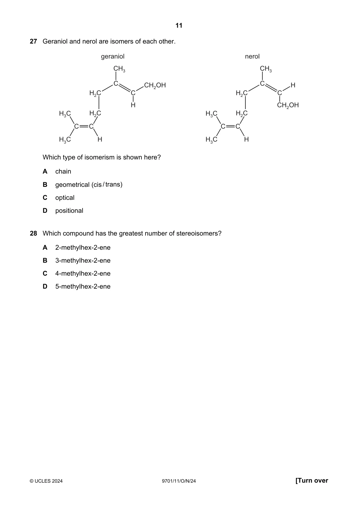 Cambridge A Level Chemistry 9701 2024 Oct/Nov Paper 1 · Variant 1 question paper, page 11 of 20