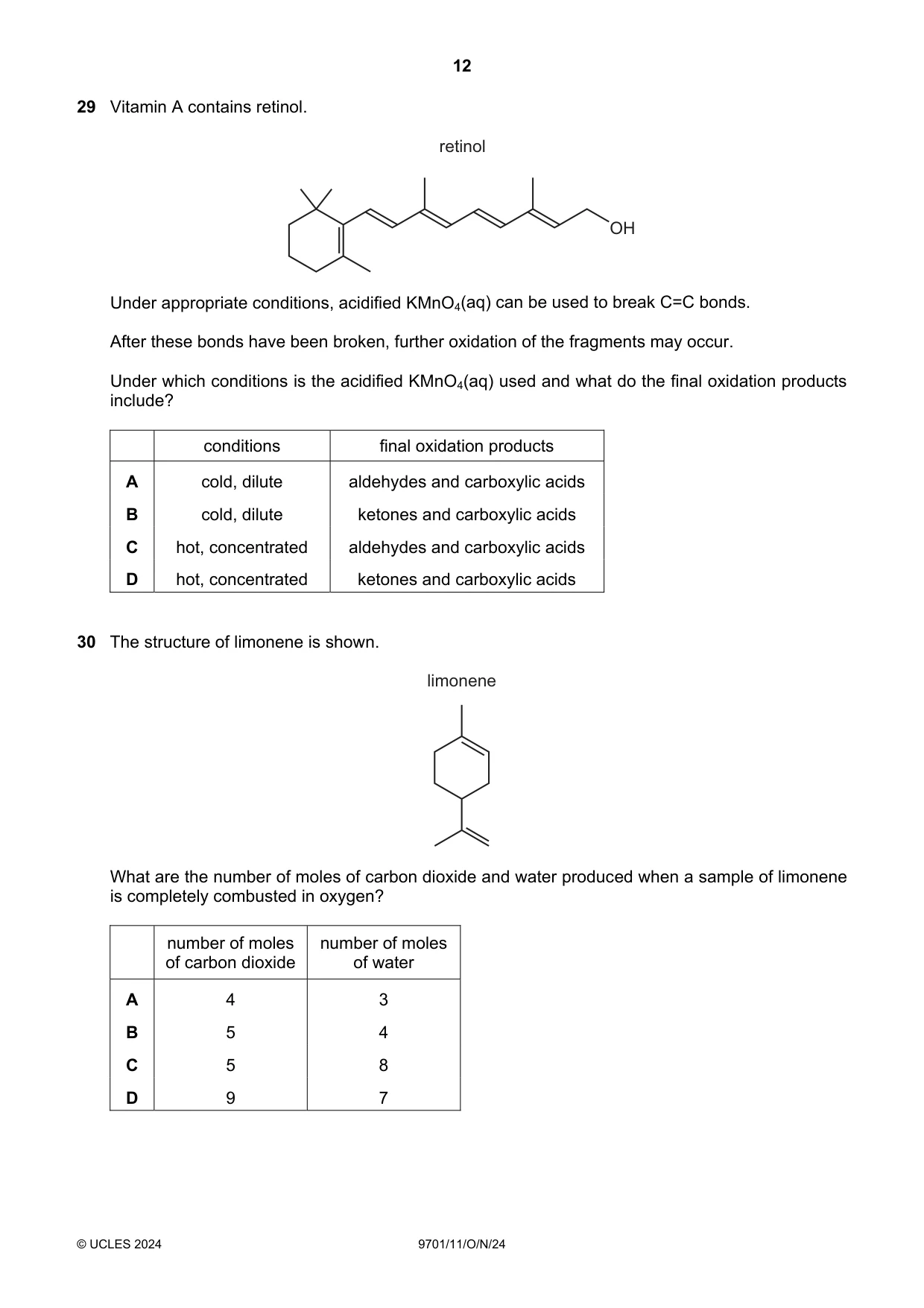 Cambridge A Level Chemistry 9701 2024 Oct/Nov Paper 1 · Variant 1 question paper, page 12 of 20