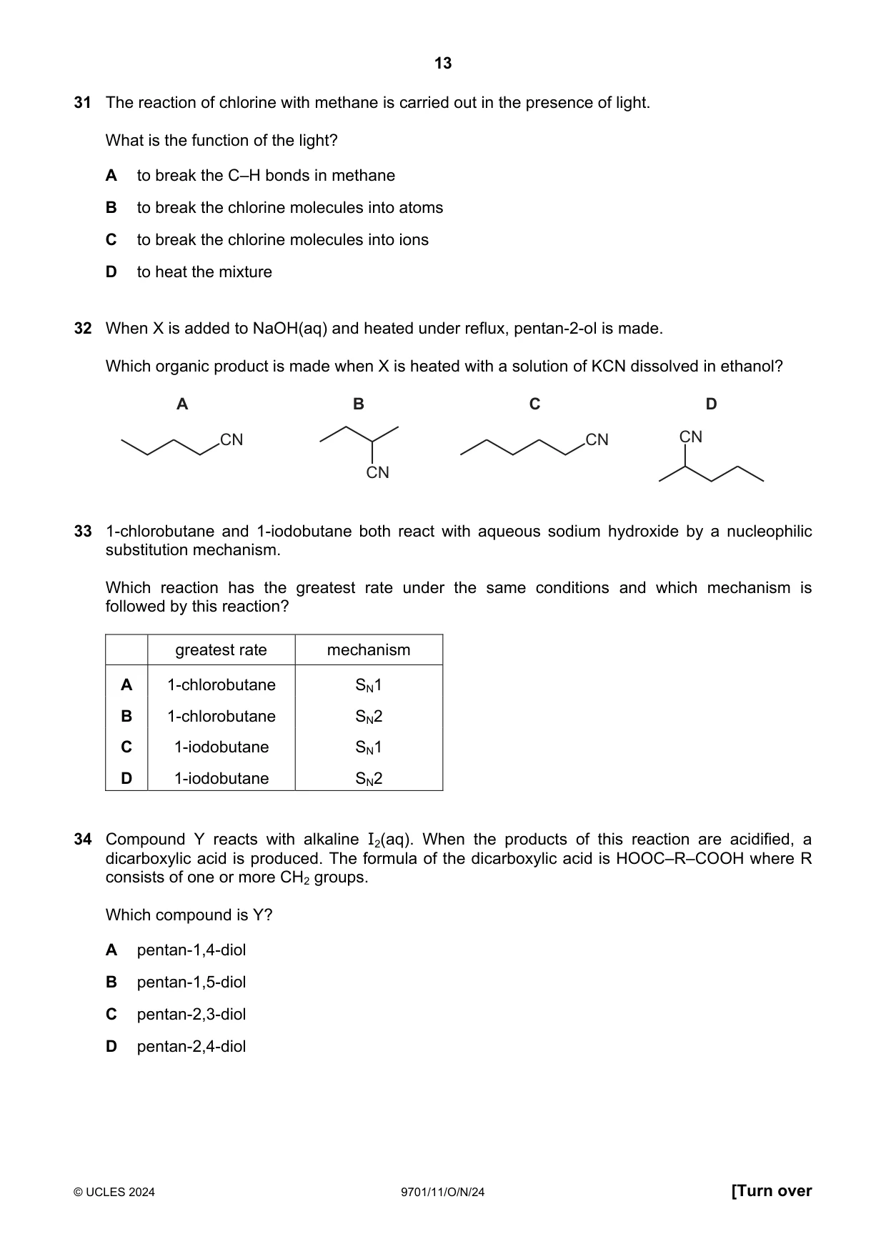 Cambridge A Level Chemistry 9701 2024 Oct/Nov Paper 1 · Variant 1 question paper, page 13 of 20