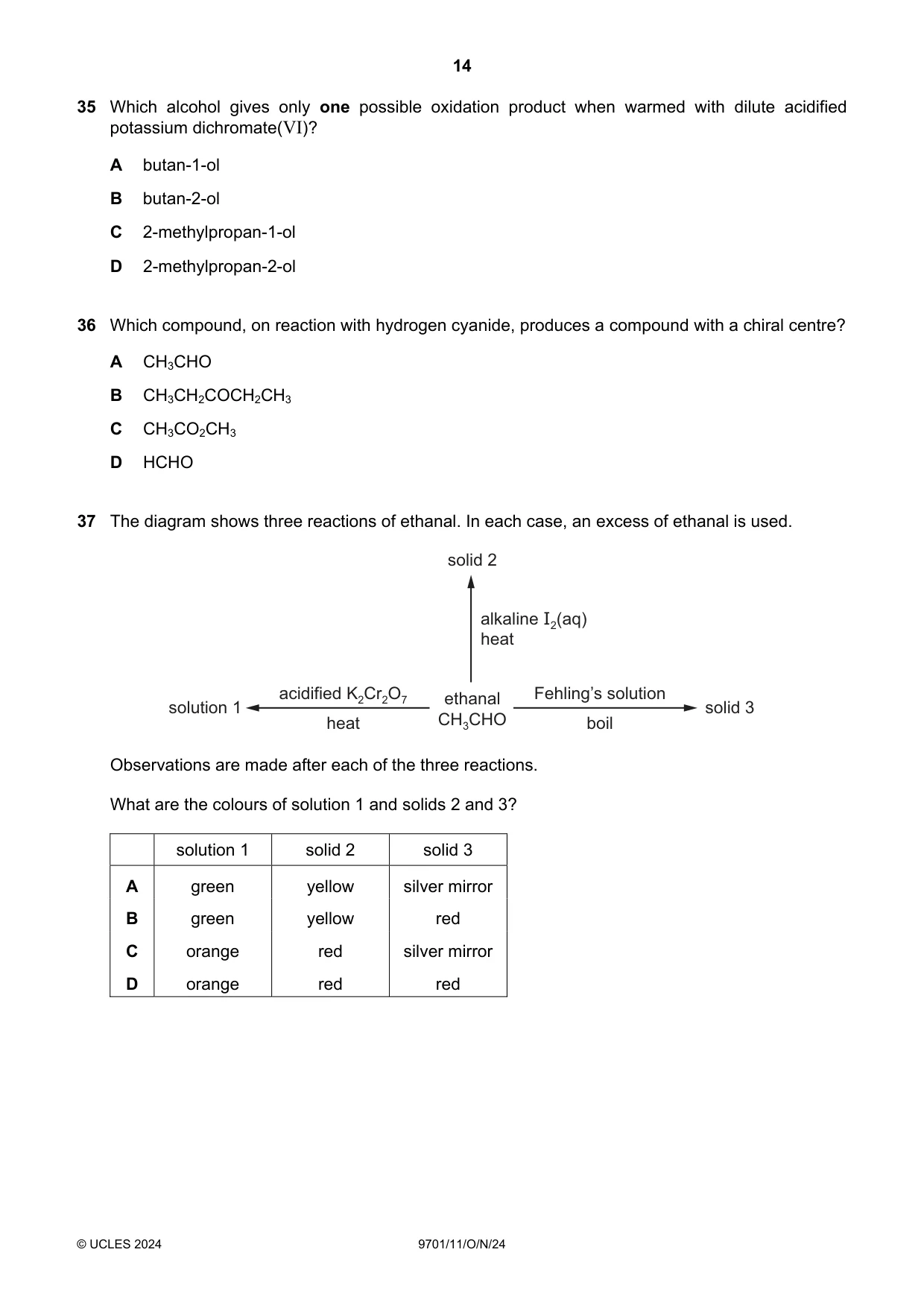 Cambridge A Level Chemistry 9701 2024 Oct/Nov Paper 1 · Variant 1 question paper, page 14 of 20