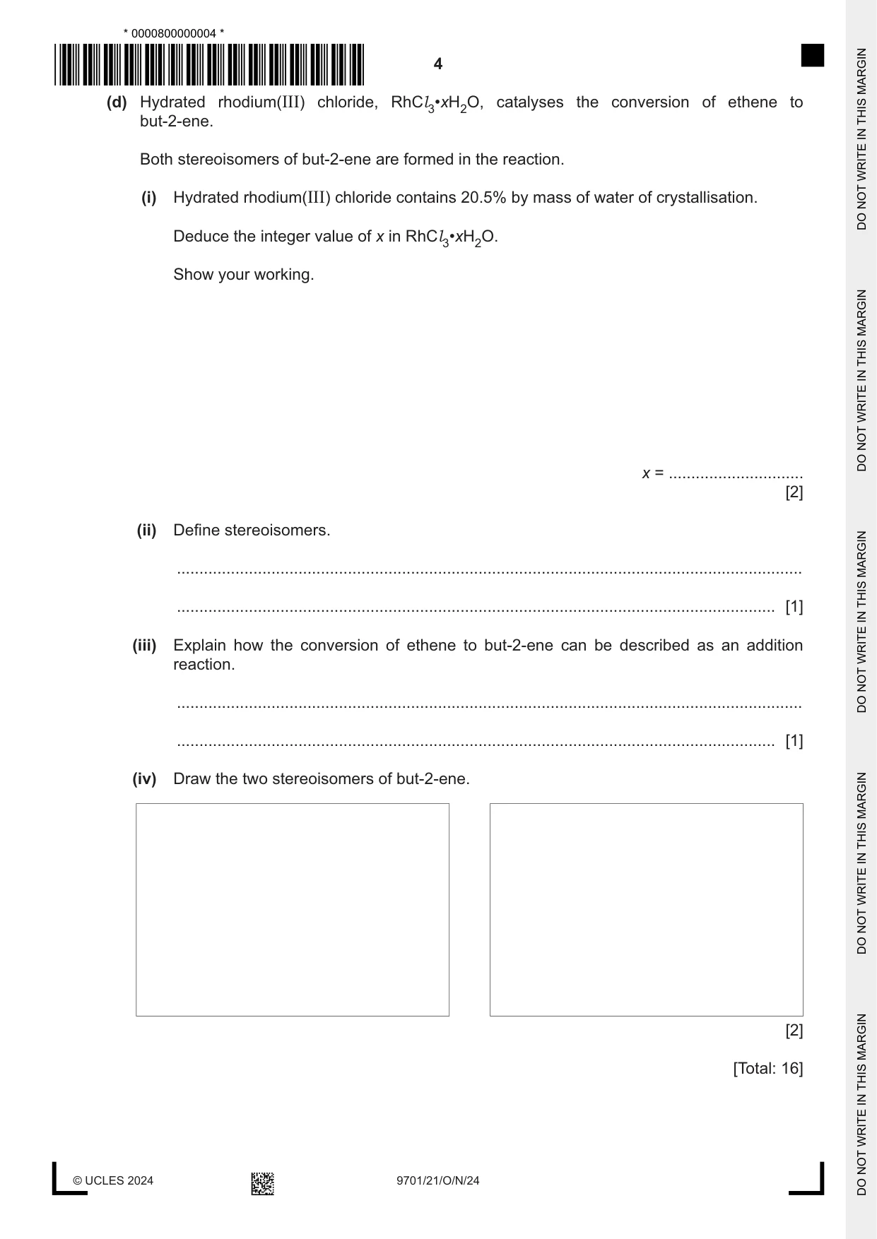 Cambridge A Level Chemistry 9701 2024 Oct/Nov Paper 2 · Variant 1 question paper, page 4 of 20