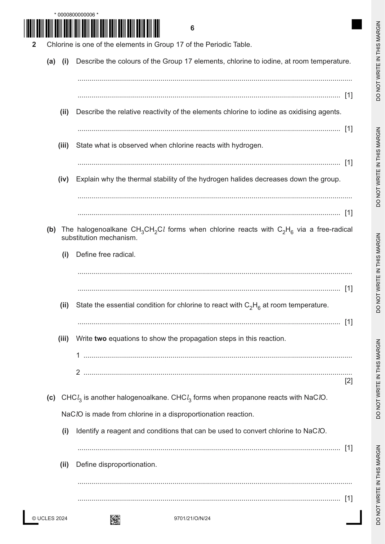 Cambridge A Level Chemistry 9701 2024 Oct/Nov Paper 2 · Variant 1 question paper, page 6 of 20