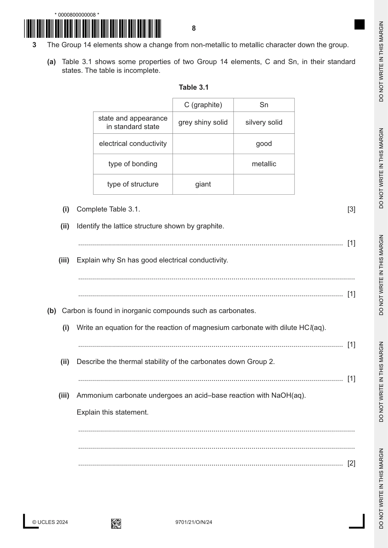 Cambridge A Level Chemistry 9701 2024 Oct/Nov Paper 2 · Variant 1 question paper, page 8 of 20