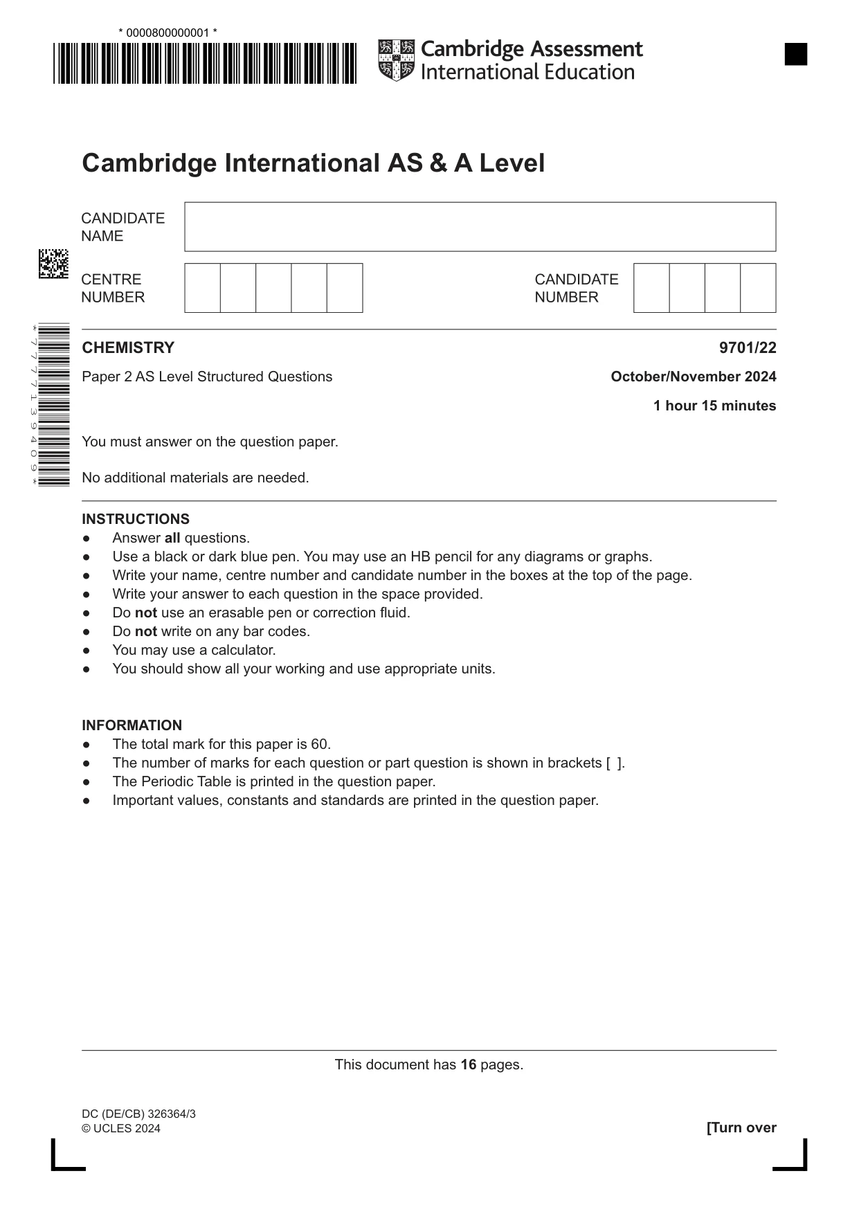 Cambridge A Level Chemistry 9701 2024 Oct/Nov Paper 2 · Variant 2 question paper, page 1 of 16