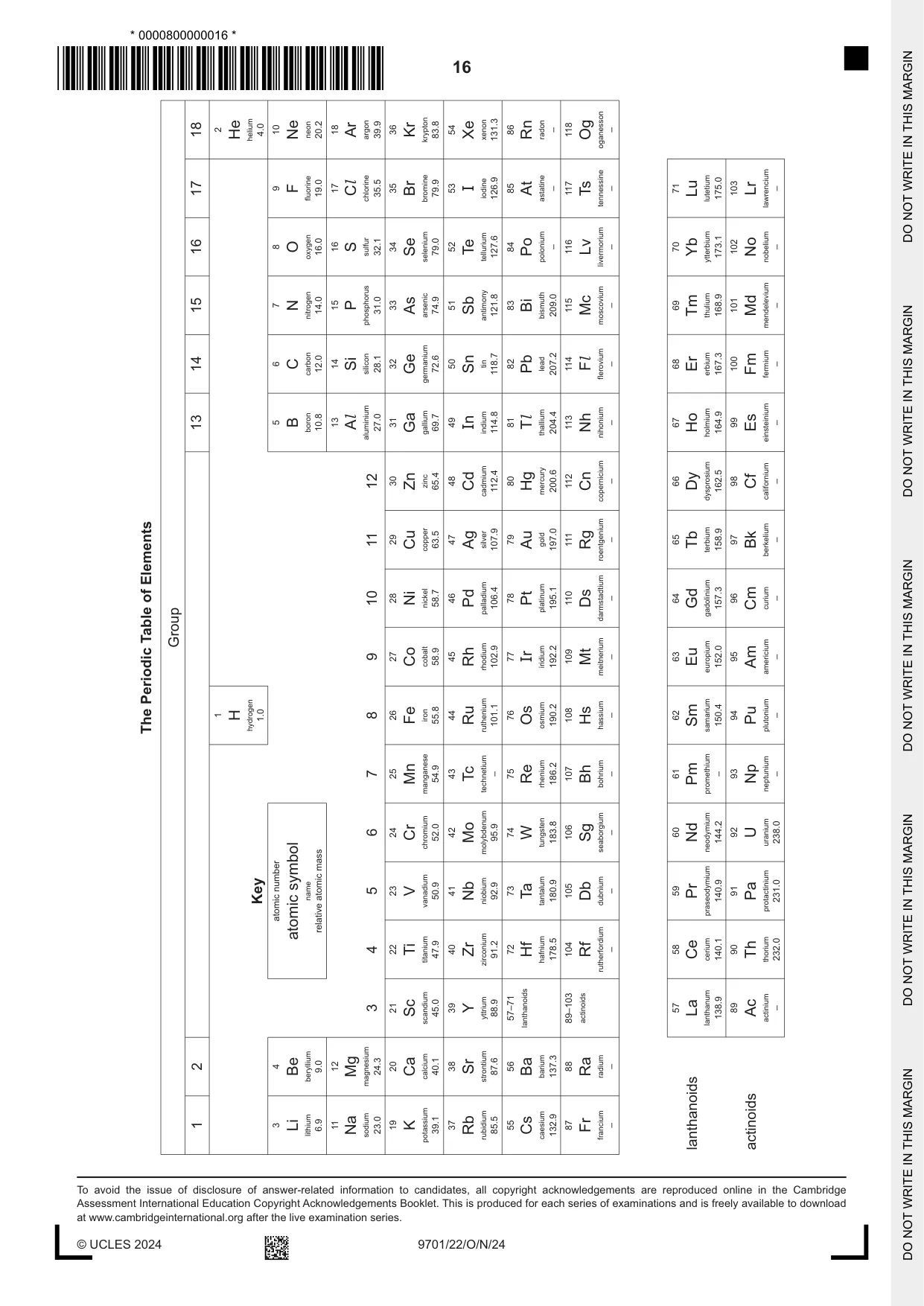 Cambridge A Level Chemistry 9701 2024 Oct/Nov Paper 2 · Variant 2 question paper, page 16 of 16