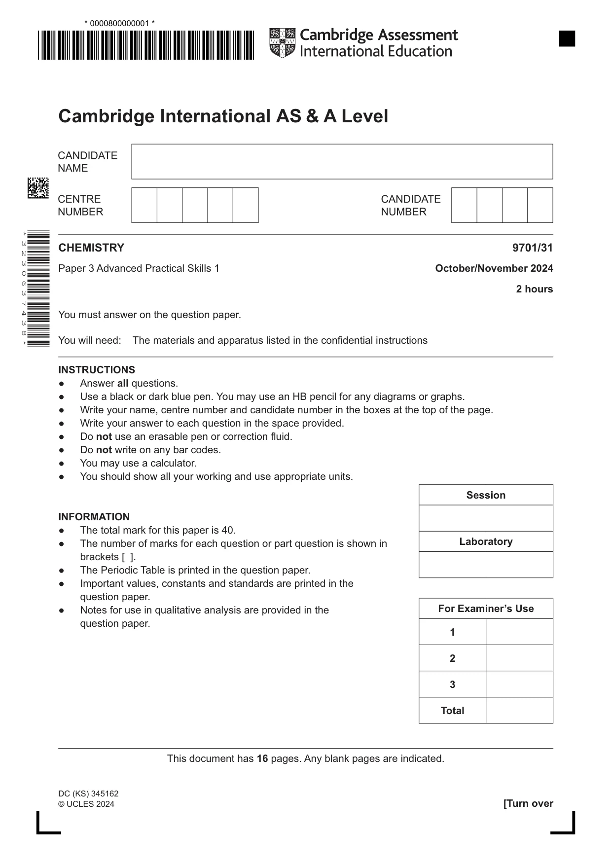Cambridge A Level Chemistry 9701 2024 Oct/Nov Paper 3 · Variant 1 question paper, page 1 of 16
