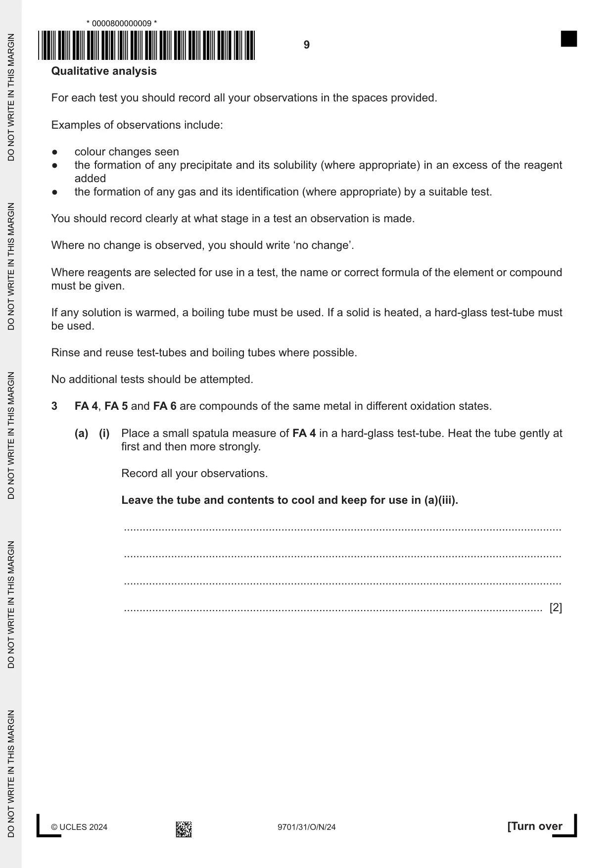 Cambridge A Level Chemistry 9701 2024 Oct/Nov Paper 3 · Variant 1 question paper, page 9 of 16