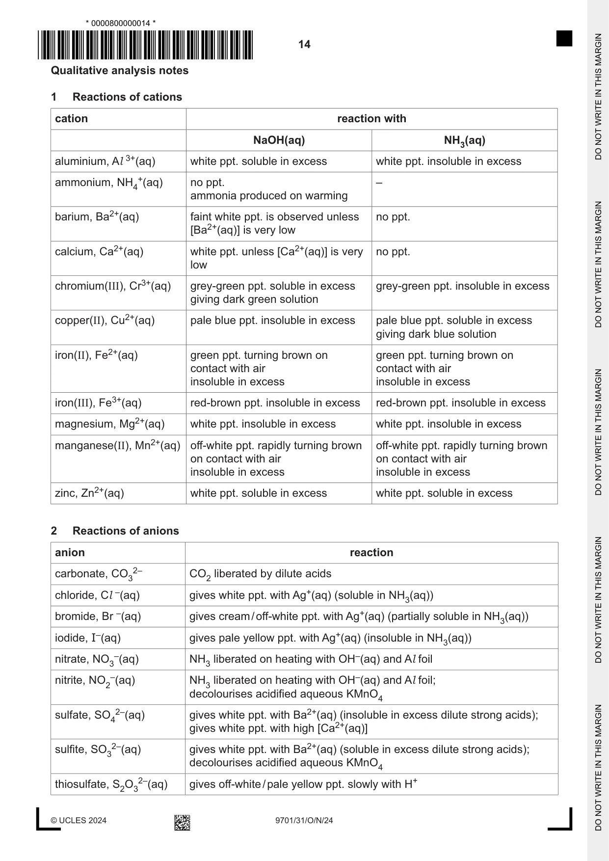 Cambridge A Level Chemistry 9701 2024 Oct/Nov Paper 3 · Variant 1 question paper, page 14 of 16