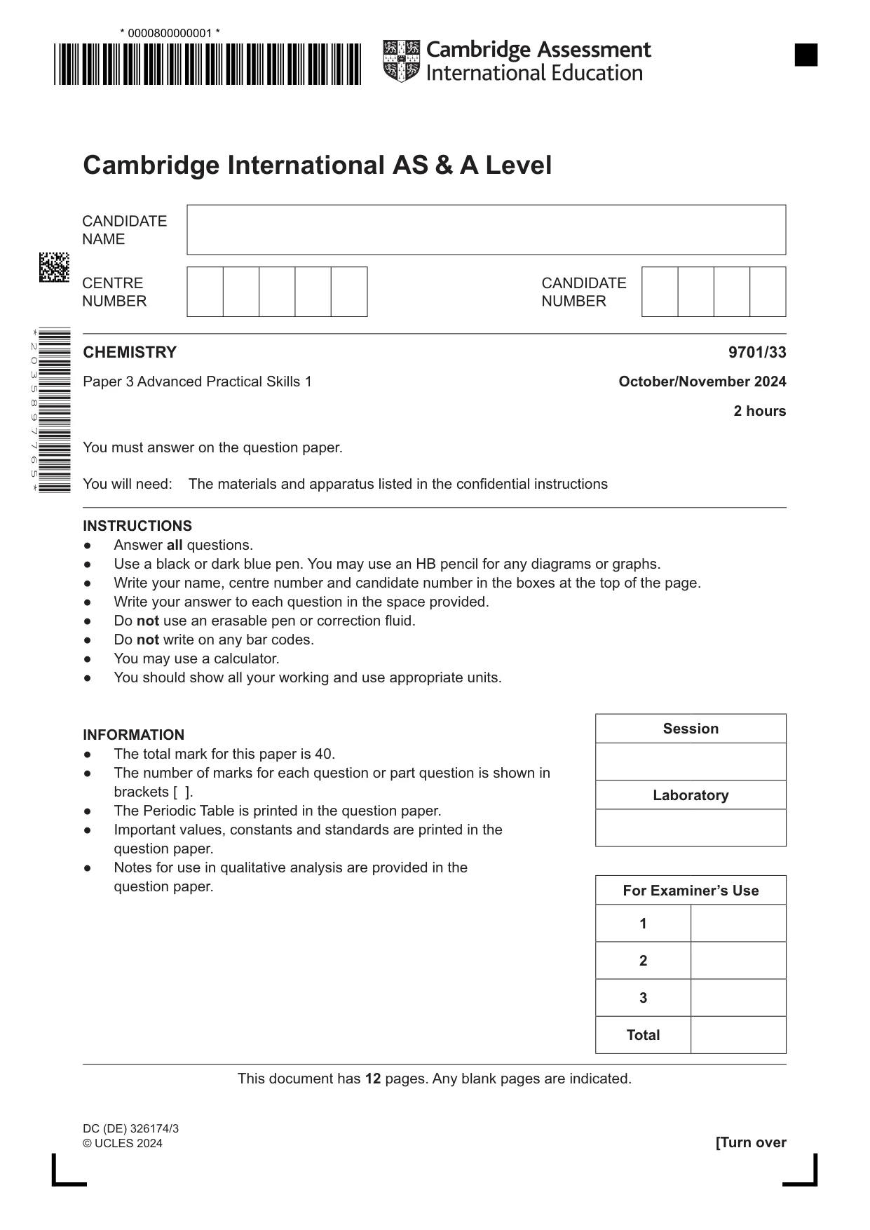 Cambridge A Level Chemistry 9701 2024 Oct/Nov Paper 3 · Variant 3 question paper, page 1 of 12