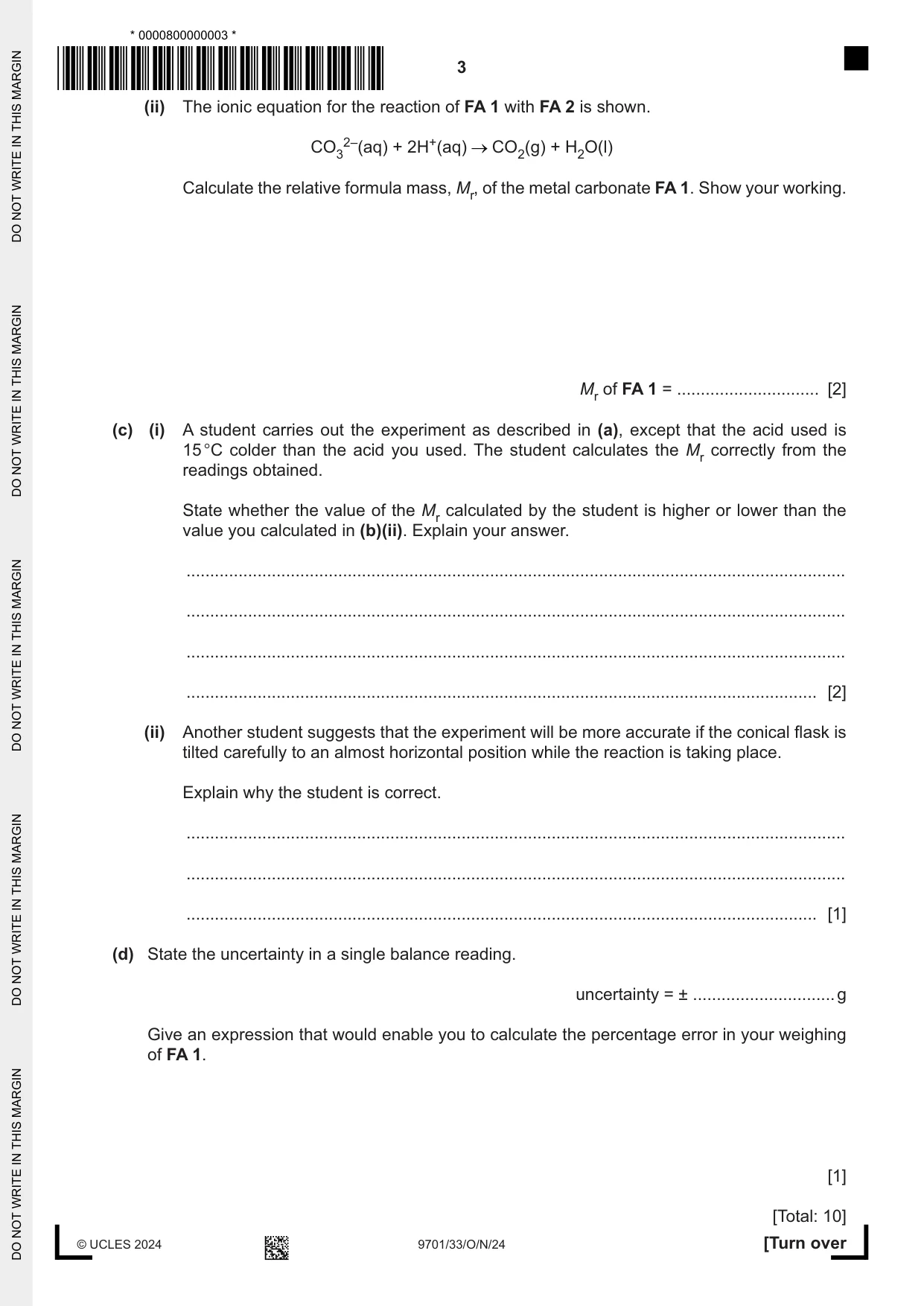 Cambridge A Level Chemistry 9701 2024 Oct/Nov Paper 3 · Variant 3 question paper, page 3 of 12