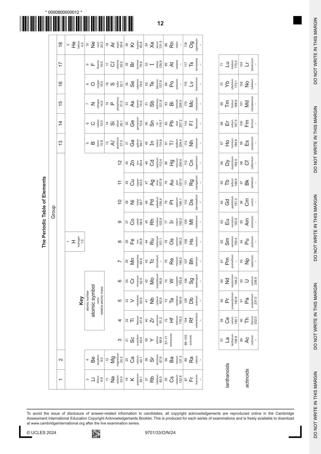 Cambridge A Level Chemistry 9701 2024 Oct/Nov Paper 3 · Variant 3 question paper, page 12 of 12