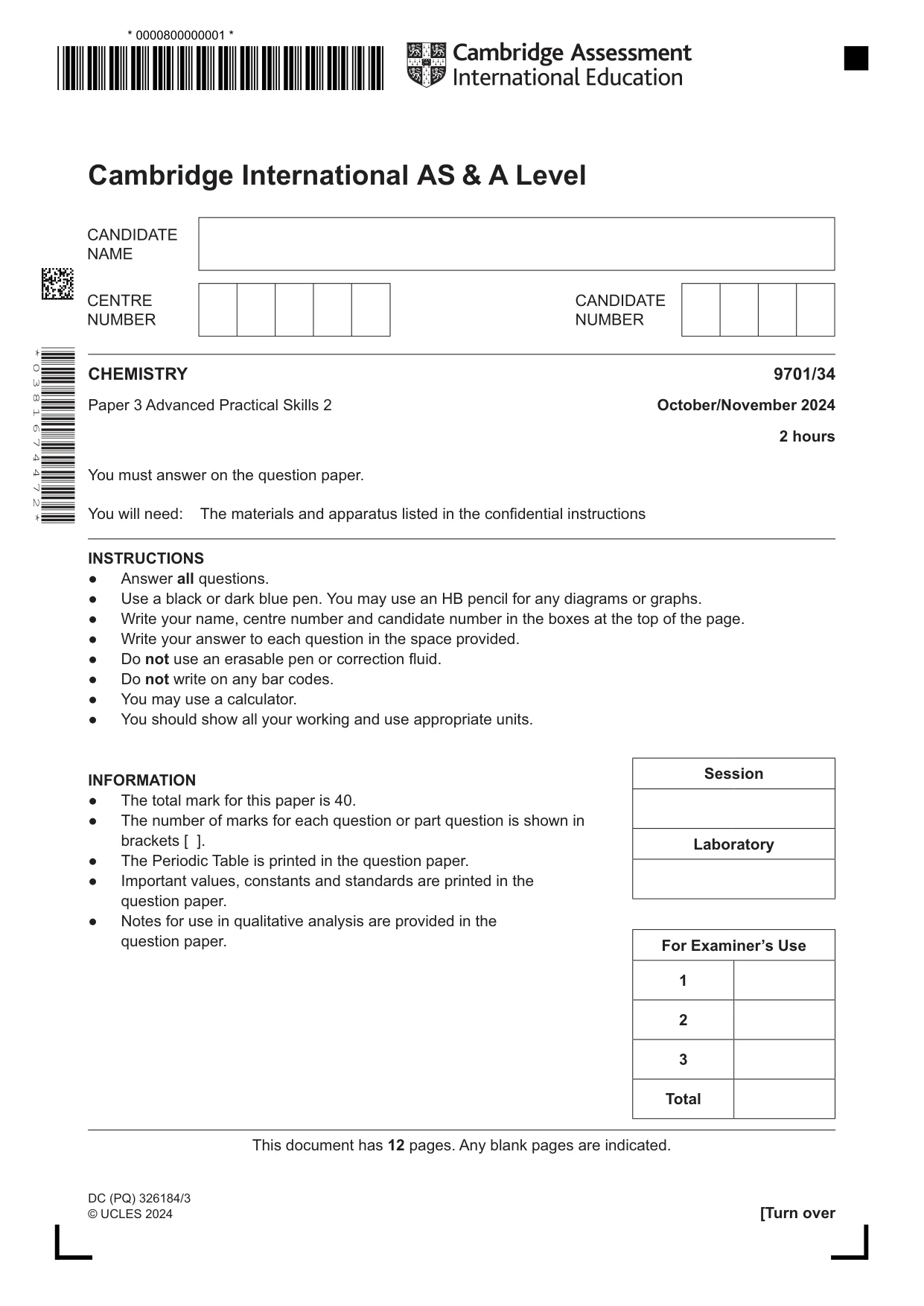 Cambridge A Level Chemistry 9701 2024 Oct/Nov Paper 3 · Variant 4 question paper, page 1 of 12