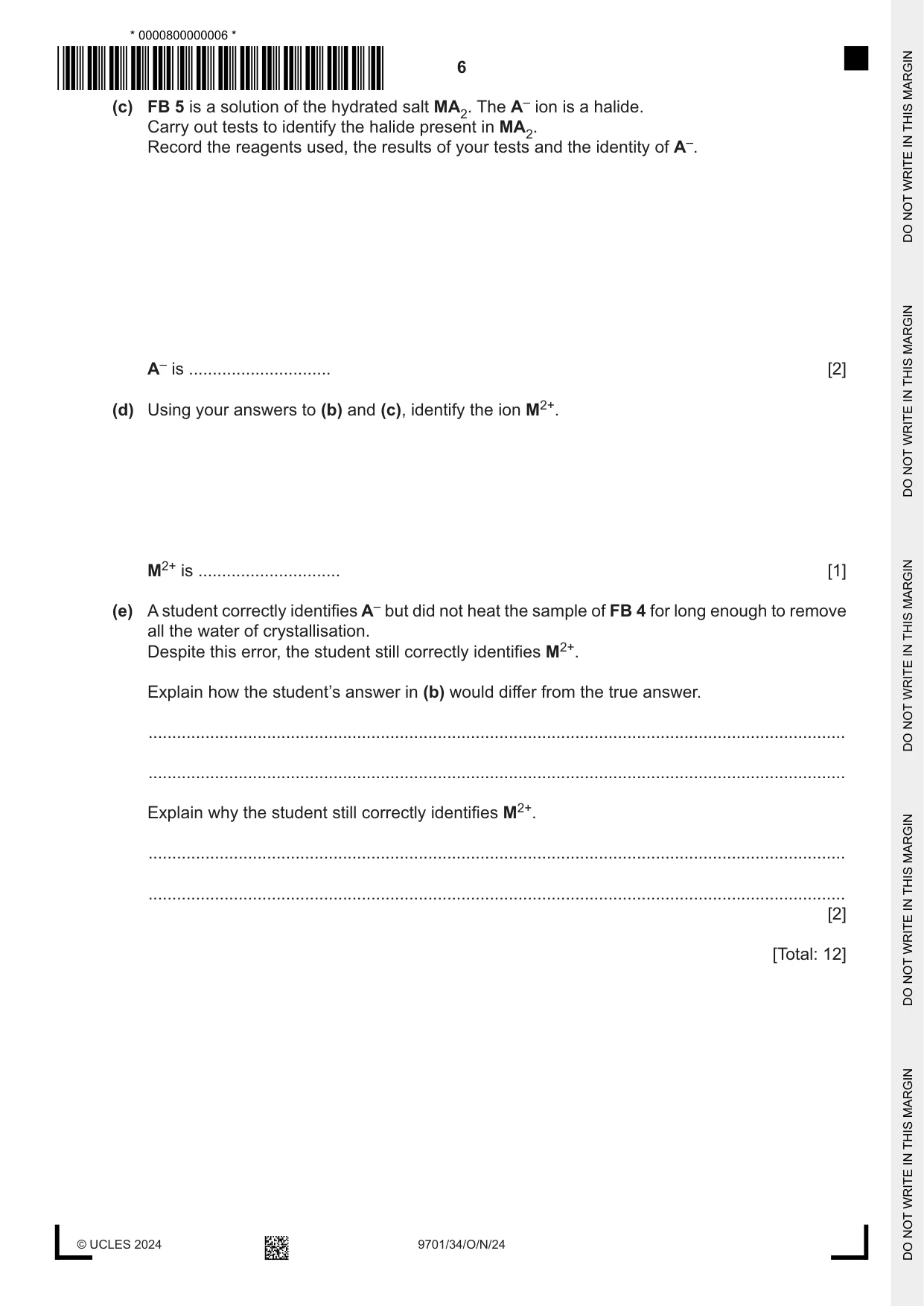 Cambridge A Level Chemistry 9701 2024 Oct/Nov Paper 3 · Variant 4 question paper, page 6 of 12