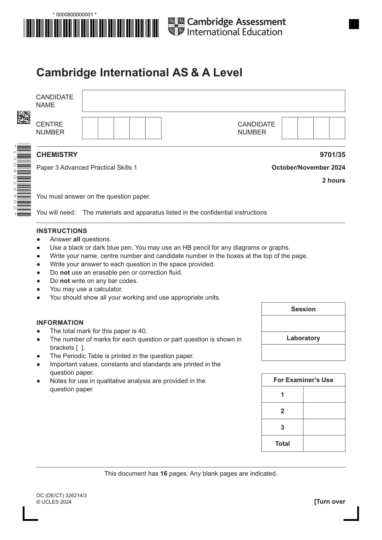 Cambridge A Level Chemistry 9701 2024 Oct/Nov Paper 3 · Variant 5 question paper, page 1 of 16