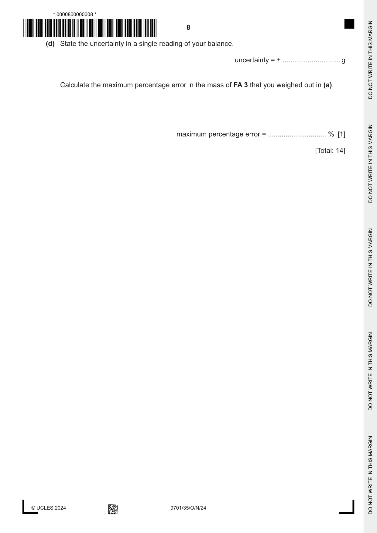 Cambridge A Level Chemistry 9701 2024 Oct/Nov Paper 3 · Variant 5 question paper, page 8 of 16