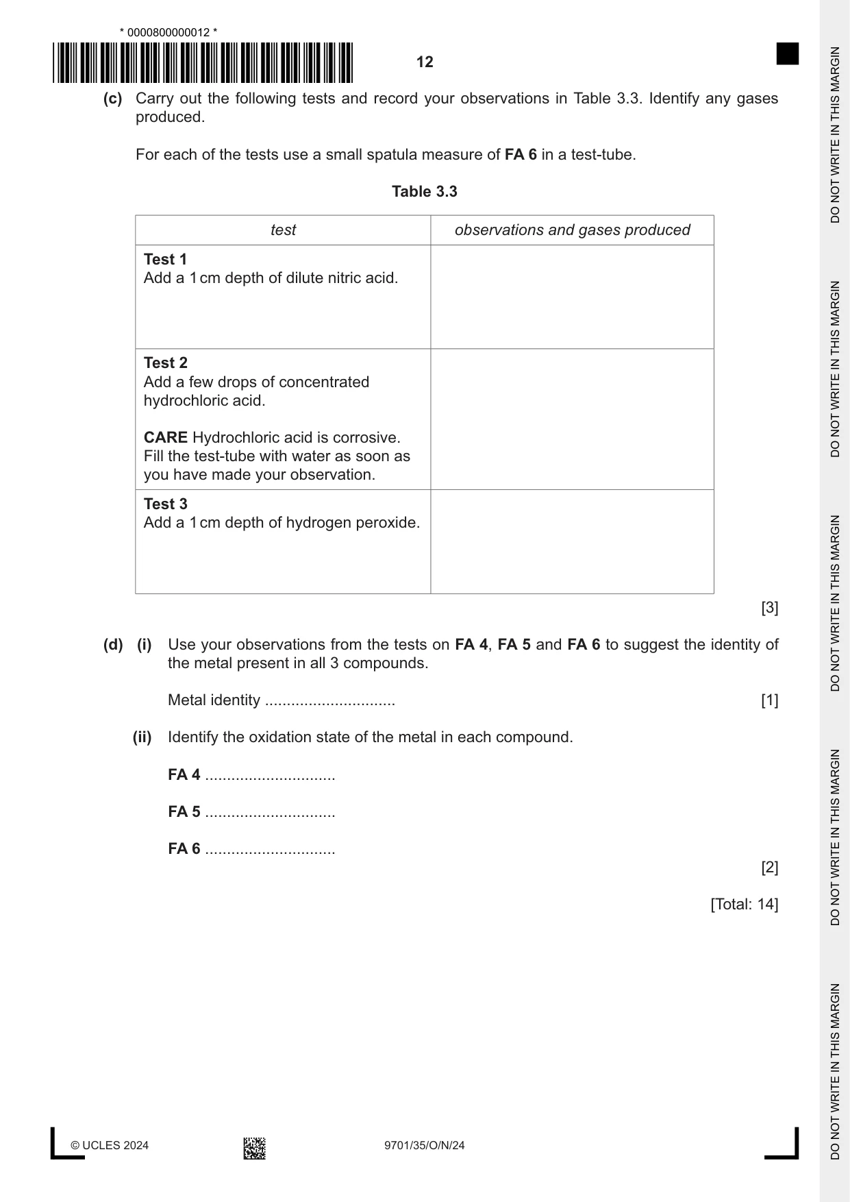 Cambridge A Level Chemistry 9701 2024 Oct/Nov Paper 3 · Variant 5 question paper, page 12 of 16