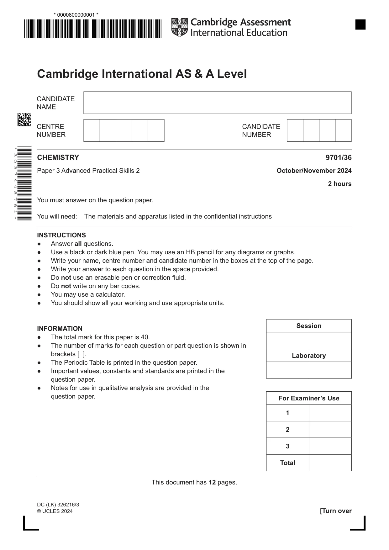 Cambridge A Level Chemistry 9701 2024 Oct/Nov Paper 3 · Variant 6 question paper, page 1 of 12